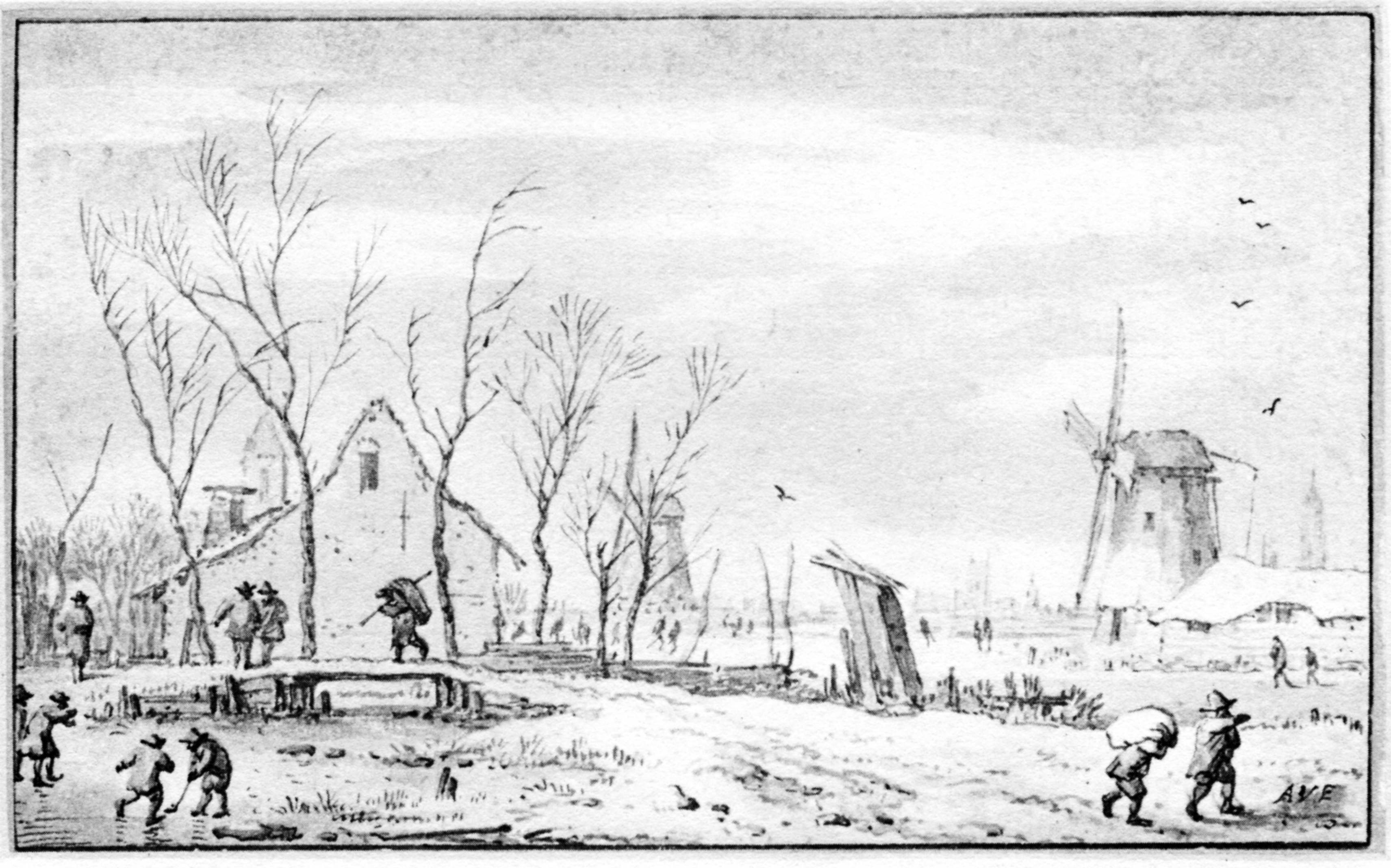 Allaert van Everdingen, Winterlandschap met colfspelers op het ijs