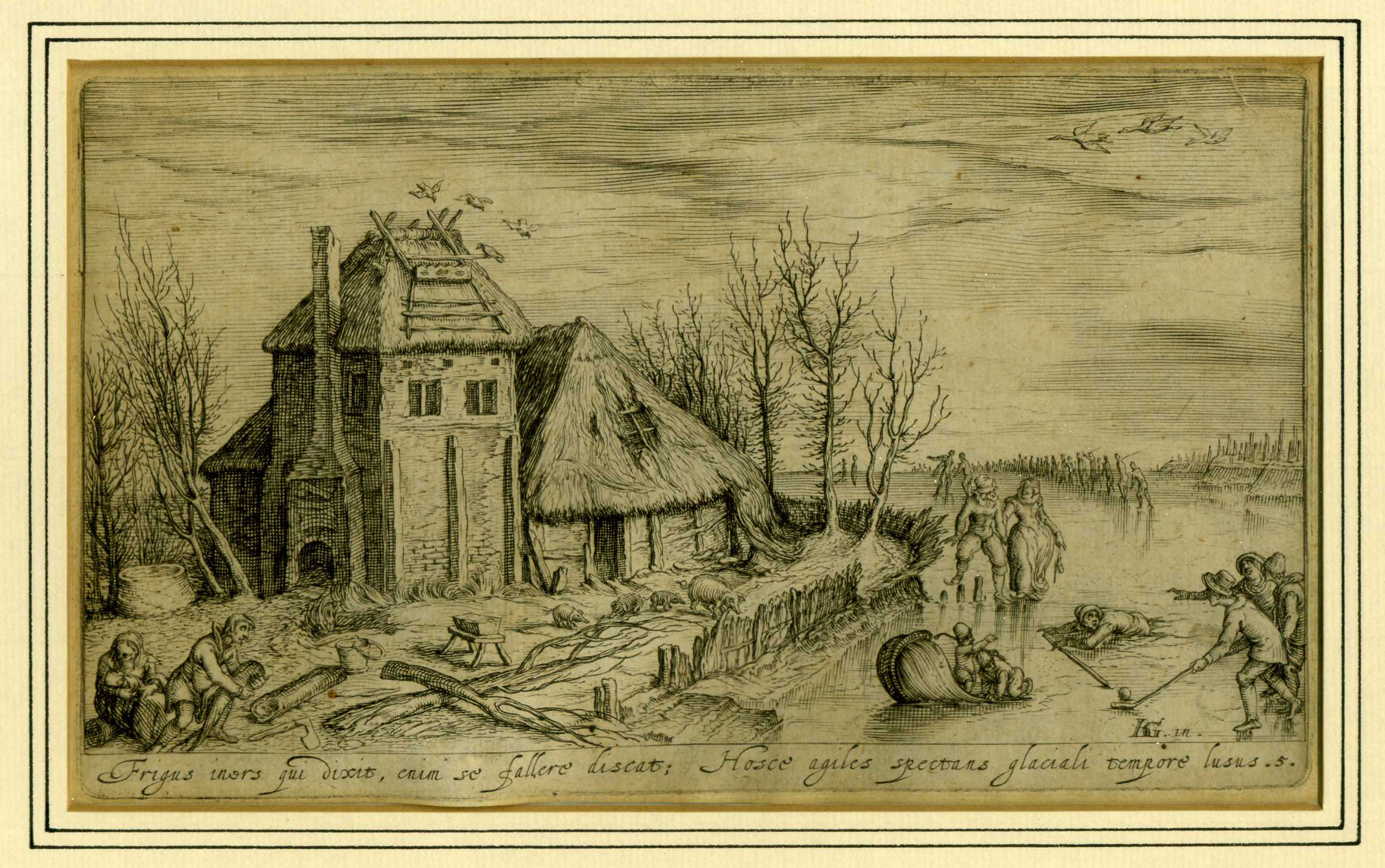 Jacob de Gheijn II, Winterlandschap met colfspelers en schaatsenrijders. Ca. 1600