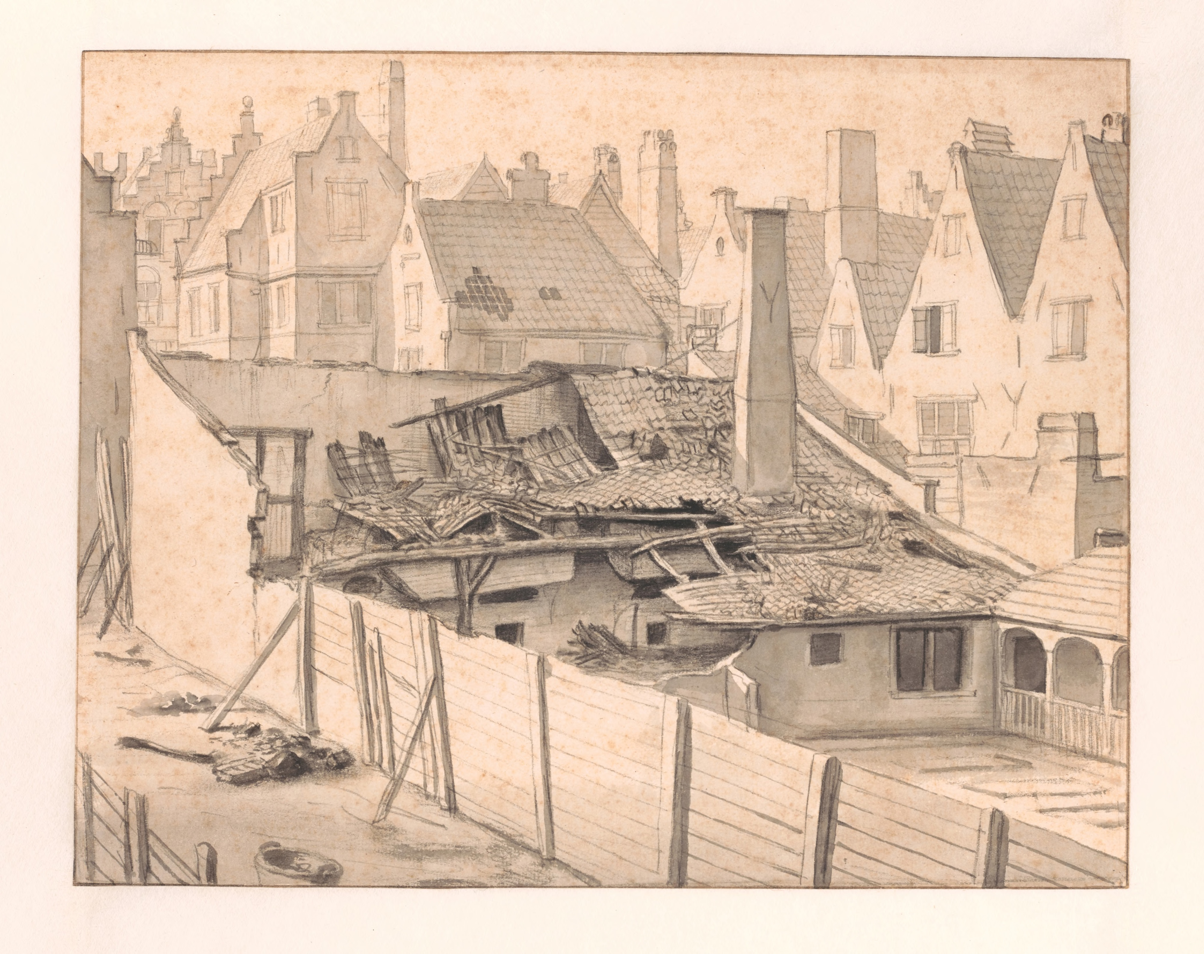 Jan van der Heyden, Uitgebrande ruïne van een kolfbaan, mogelijk kolfbaan 'De Swaan' aan de Elandsgracht te Amsterdam. 1690-1700