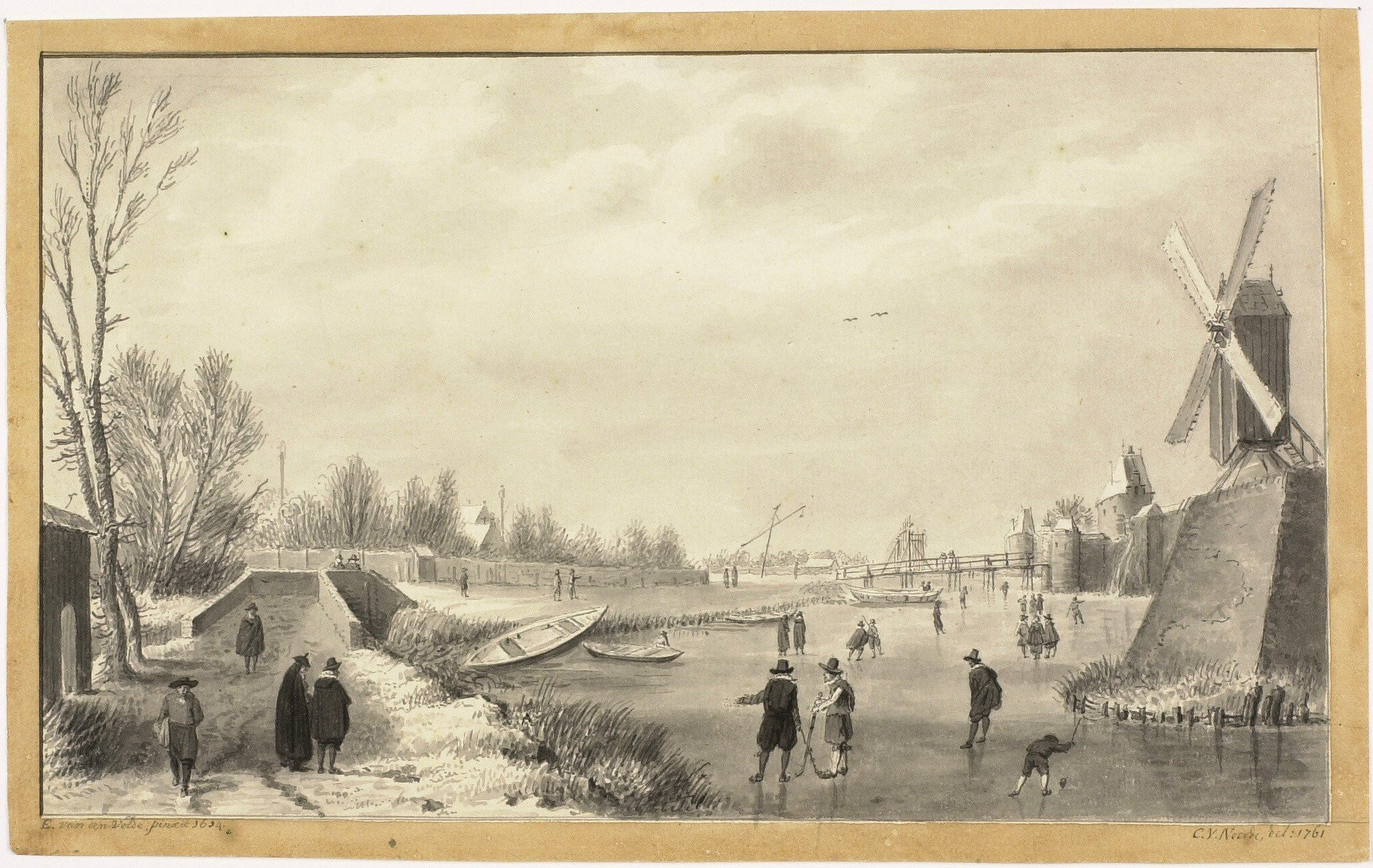 Cornelis van Noorde, Stadswal en -singel tussen de Kruispoort en de Pinkmolen te Haarlem vanuit het westen. 1761