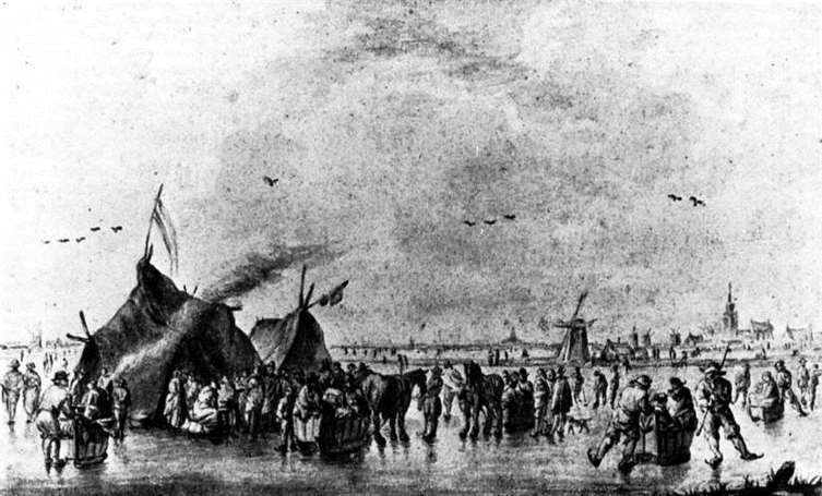 Salomon van Ruysdael, The Hague scene on the ice of a frozen river with a 'koek en zopie' in the foreground