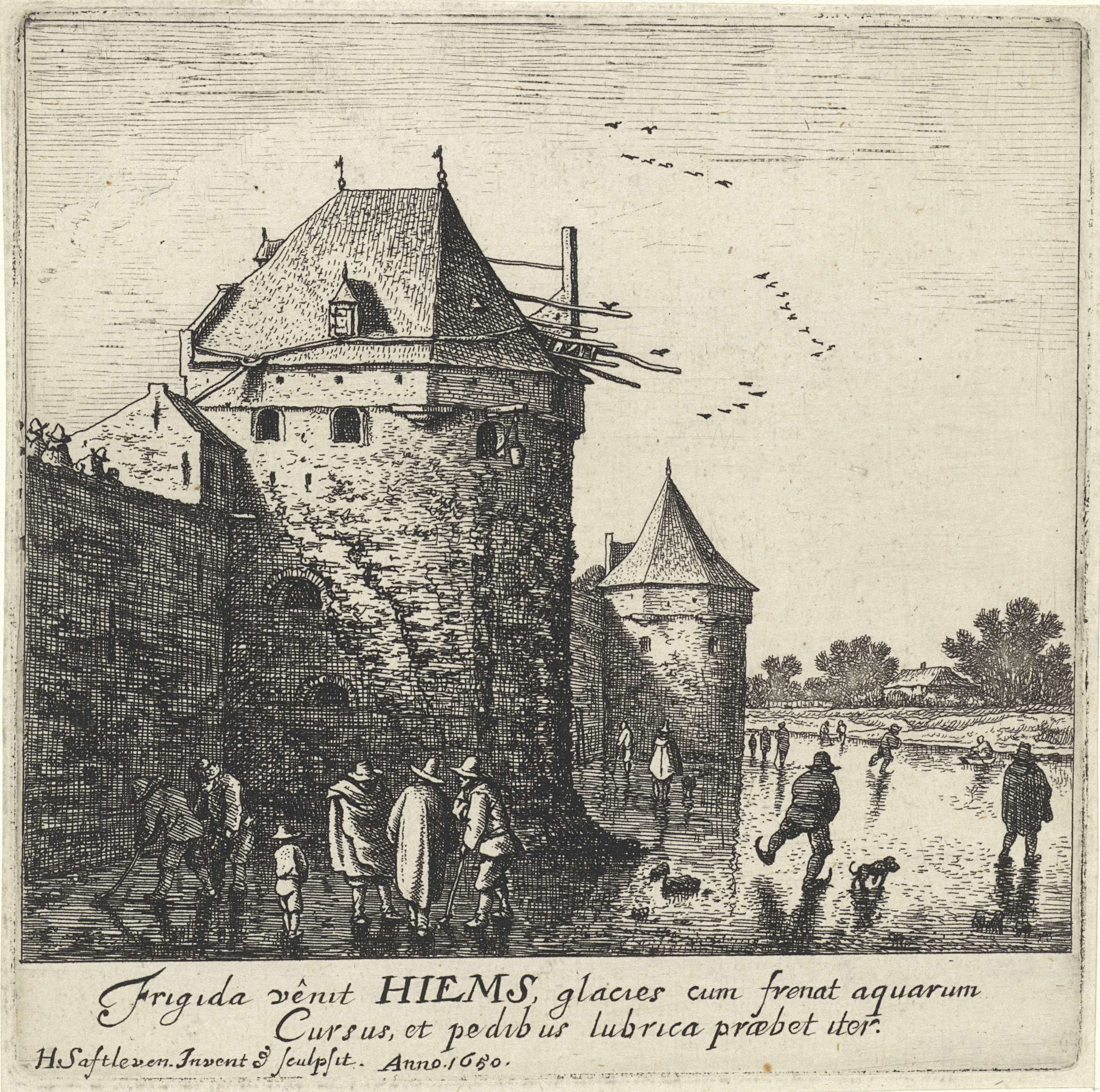 Herman Saftleven, ​Schaatsers op het ijs bij de stadsmuur ter hoogte van de Wittevrouwensingel en de Wittenvrouwenpoort te Utrecht. 1650