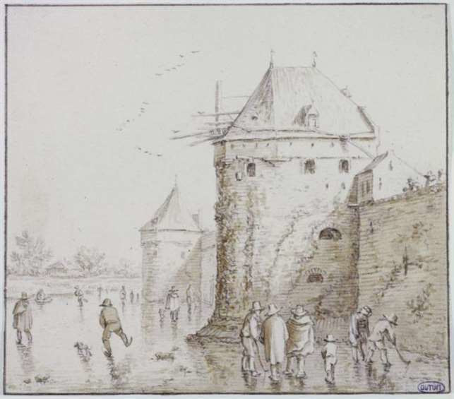 Herman Saftleven, Winter: ijsvermaak op de Utrechtse Stadsbuitengracht bij de waltorens De Beer en De Vos. Ca. 1650