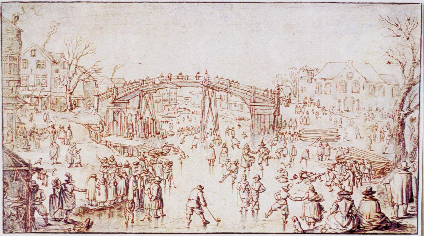 Adriaen van Stalbemt, Winterlandschap met schaatsers op een gracht in een stad