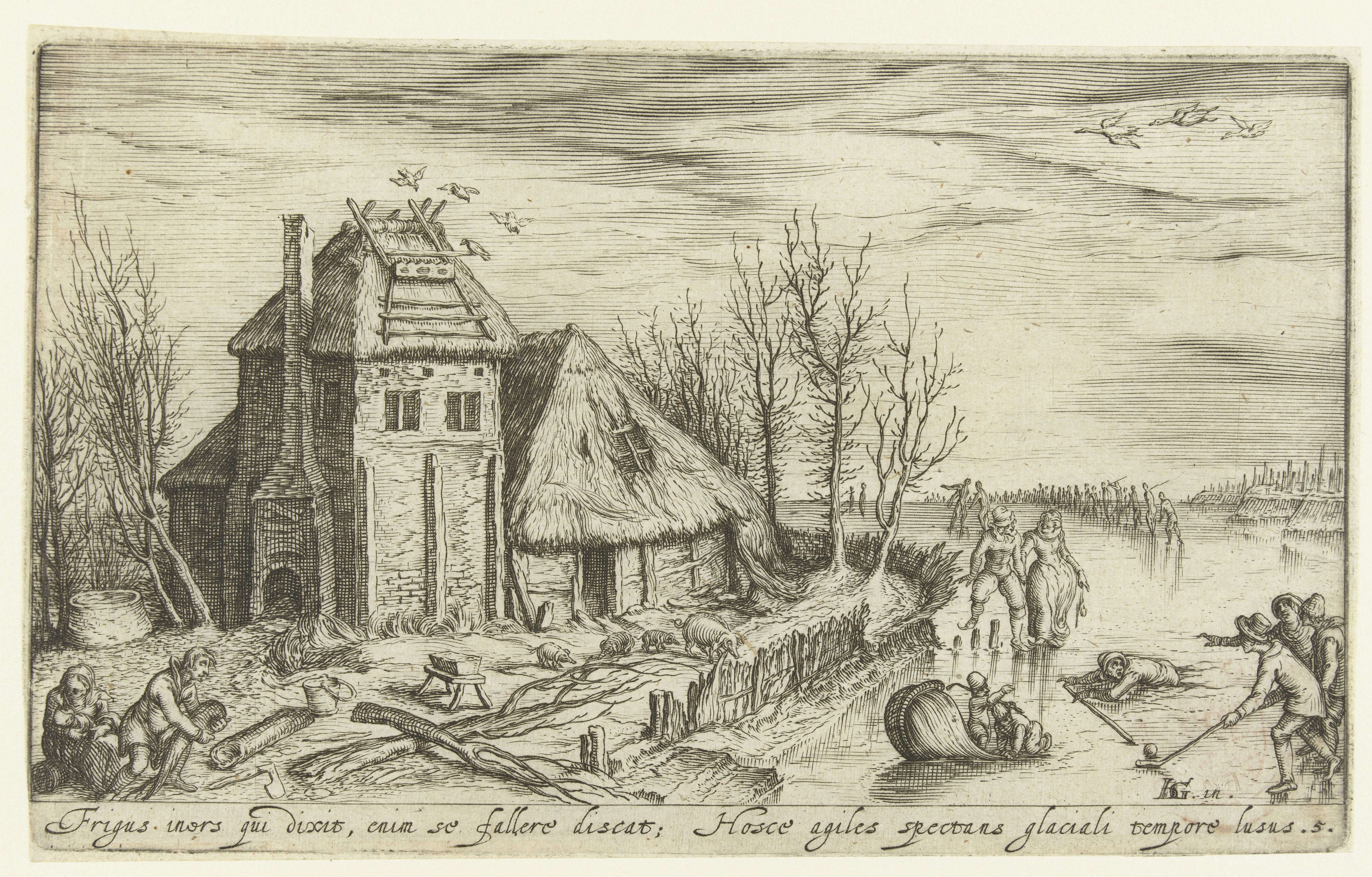 Andries Jacobsz. Stock, Winter landscape with skaters. C. 1610