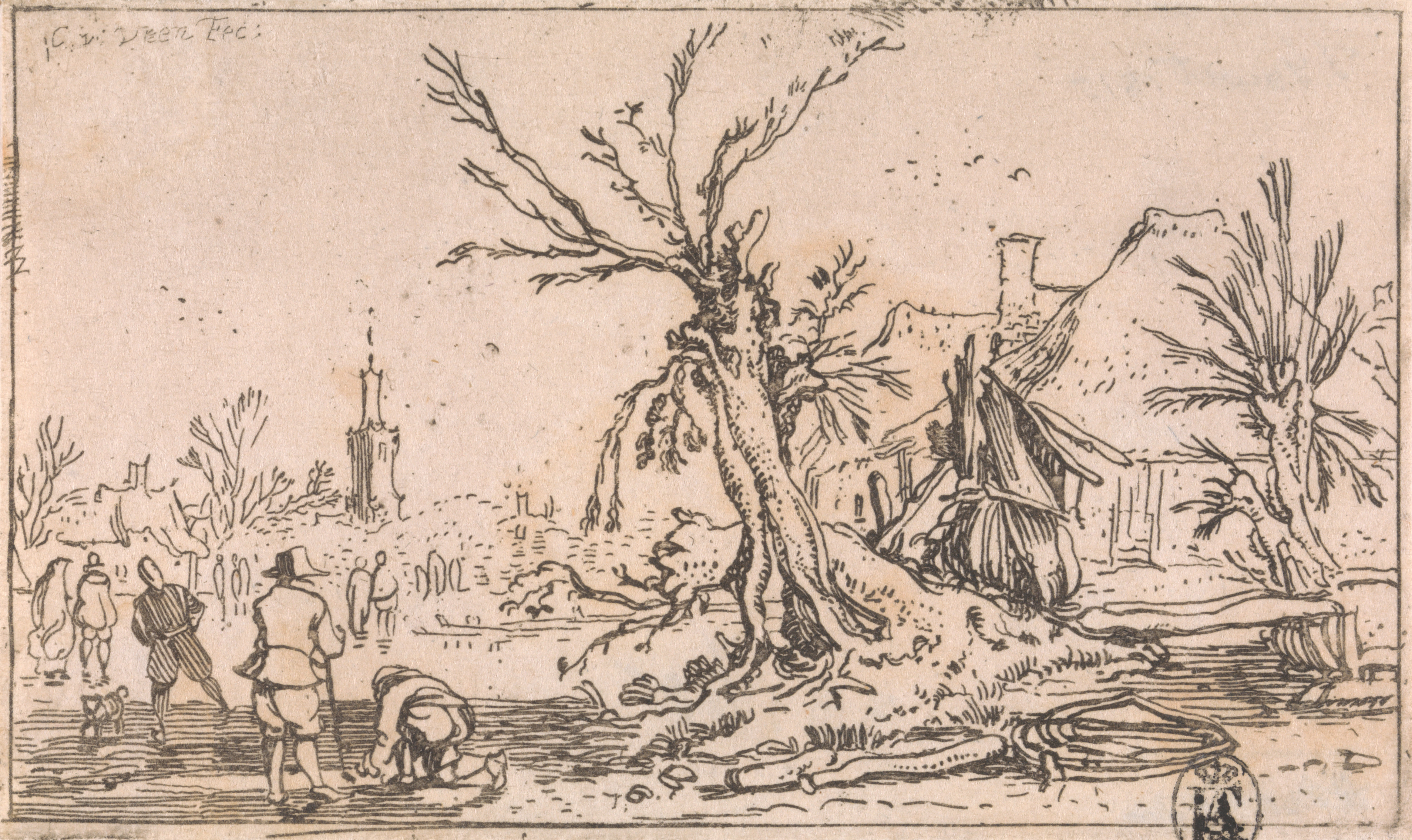 Cornelis van Veen, Winterlandschap met schaatsers op het ijs