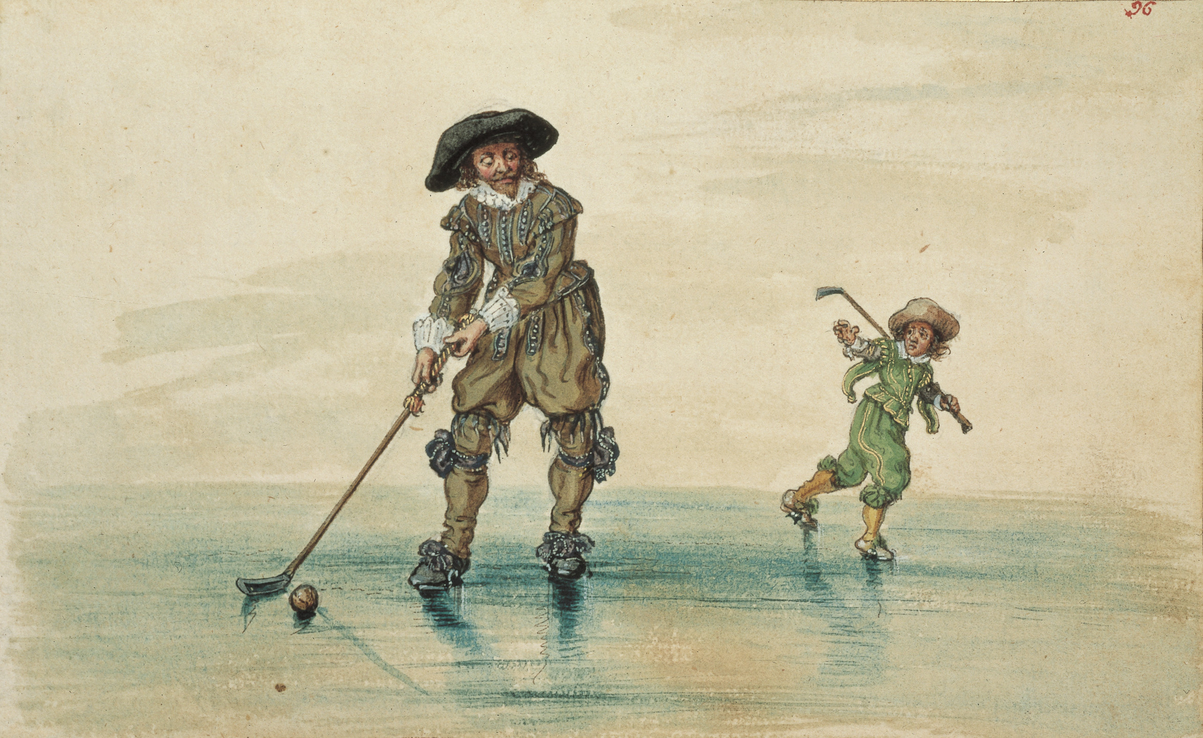 Adriaen van de Venne, Een man en een jongen colf spelend op het ijs. 1620-1626