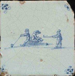 Wandtegel, Prikslee met twee colfspelers (curiosa)