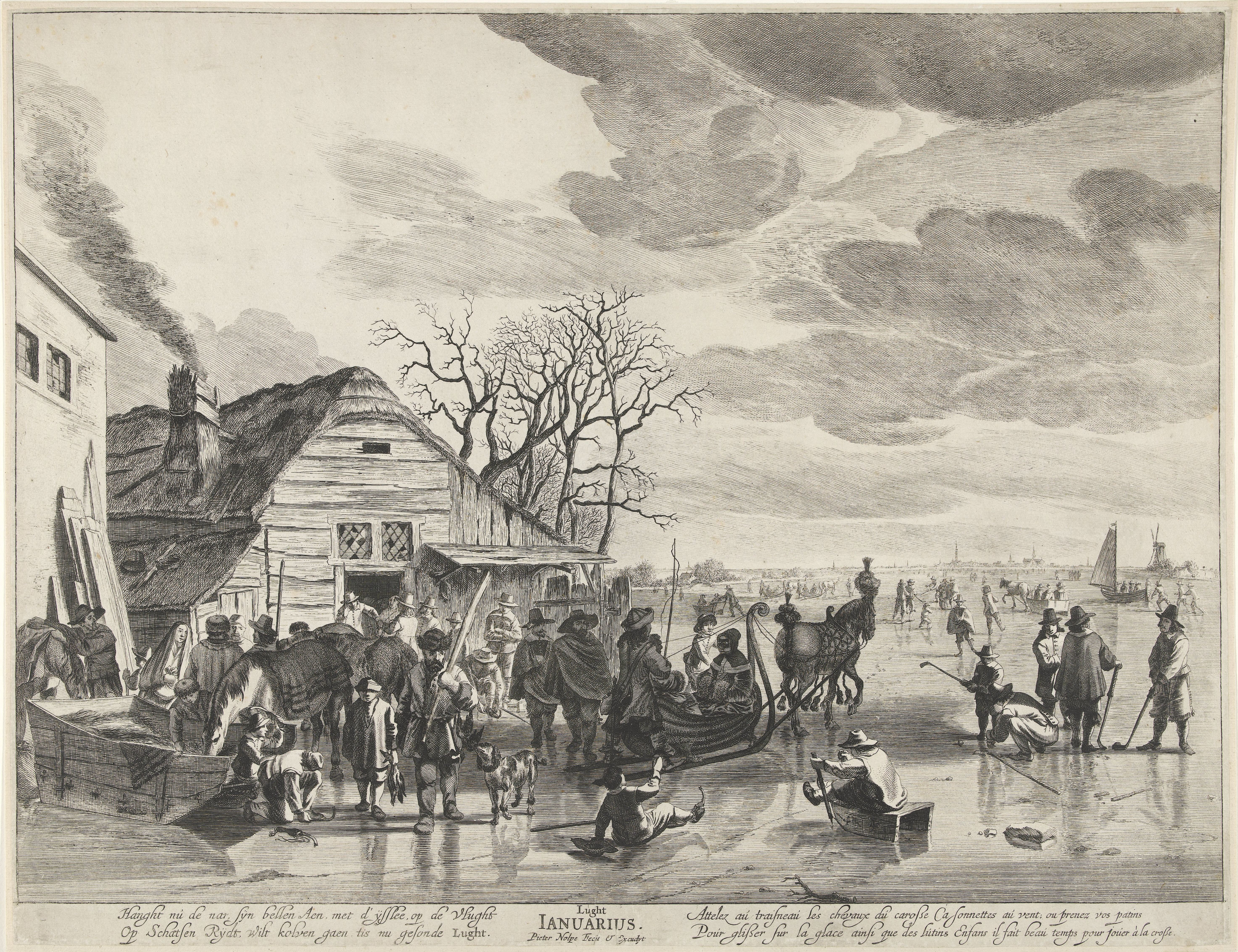Pieter Nolpe, A crowd on a frozen river with a horse drawing a sled or playing ice colf. 1640-1652