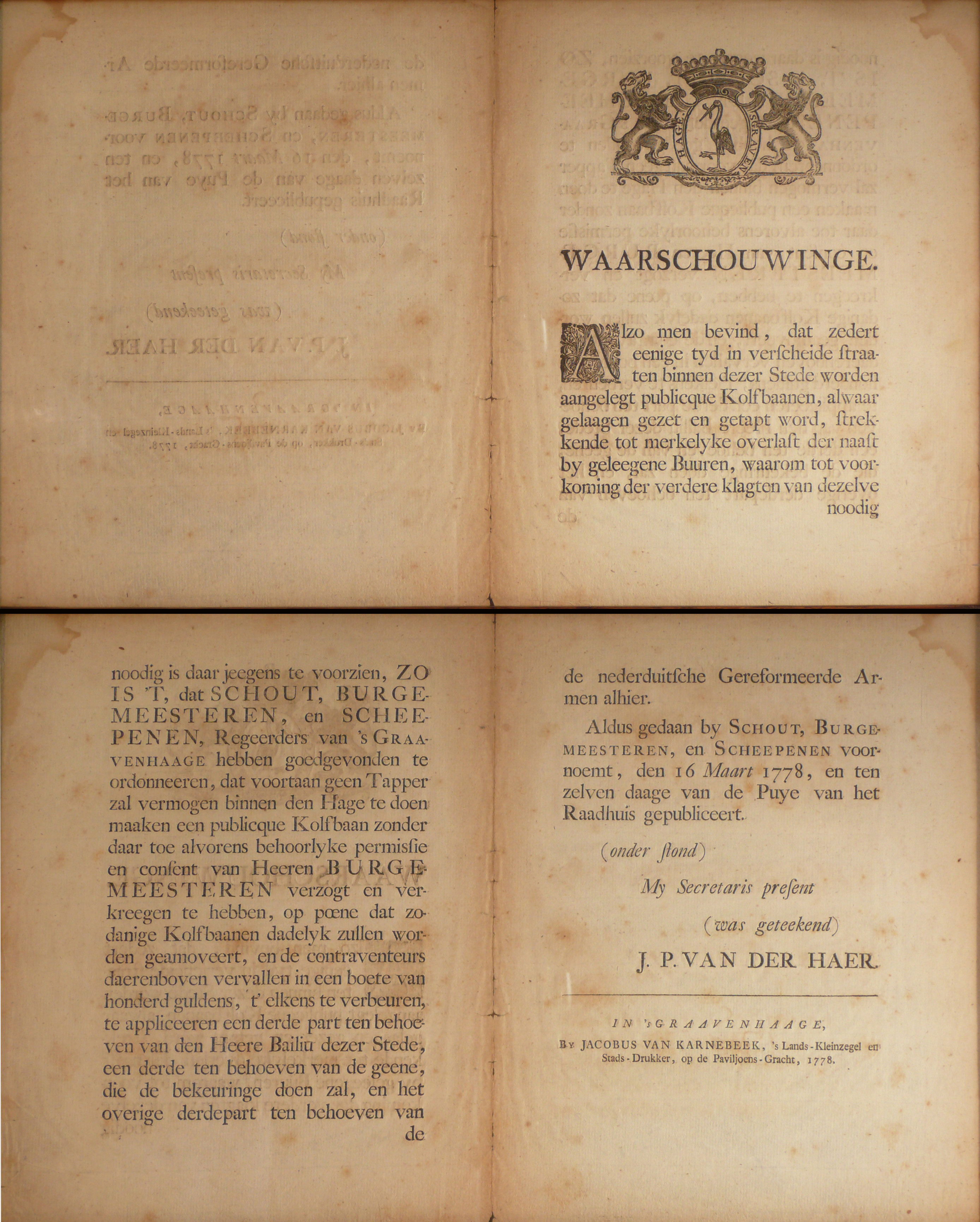Waarschouwinge 's Graavenhaage. 1778