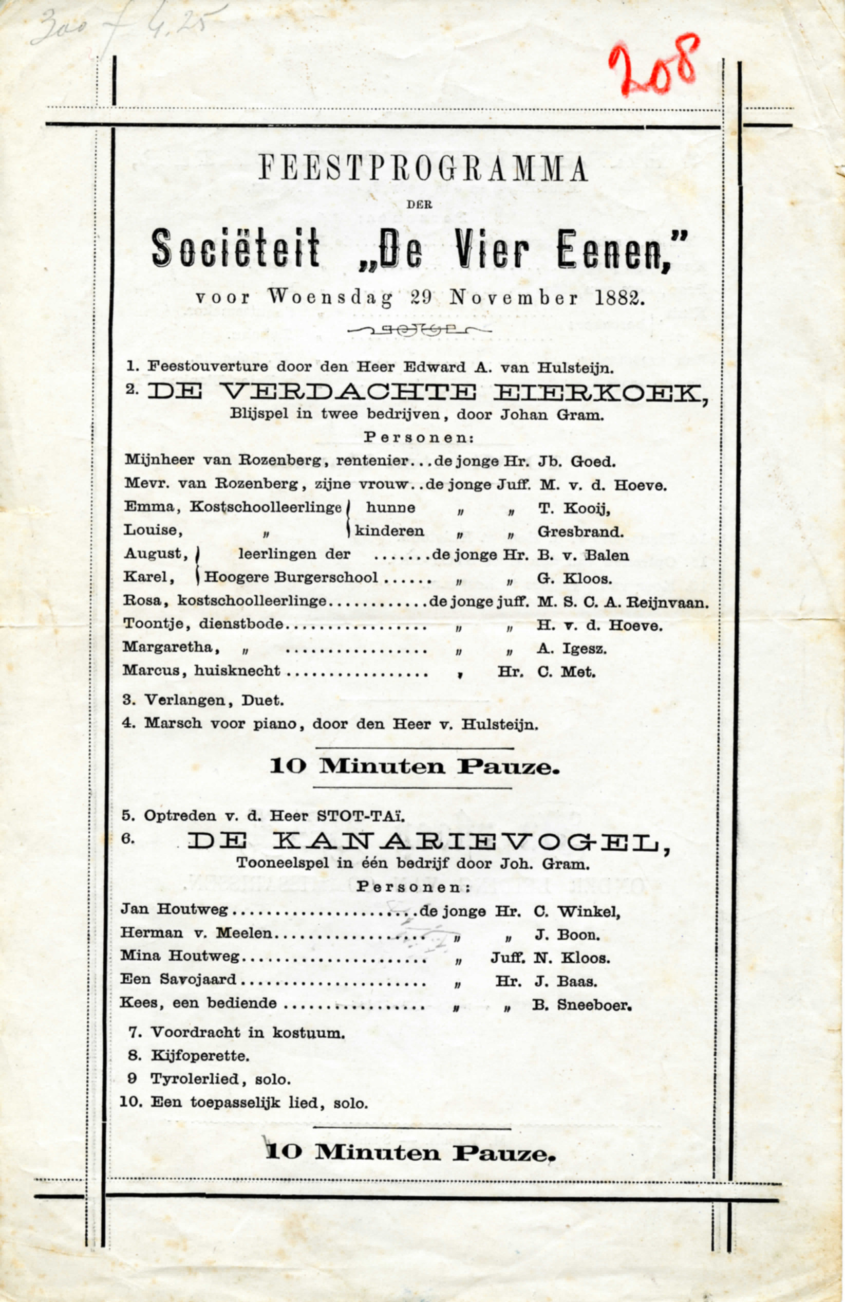 Feestprogramma 'De Vier Eenen'. 1882