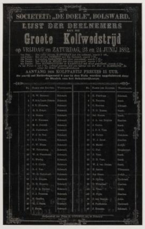 Deelnemerlijst 'Groote Kolfwedstrijd'. 1882
