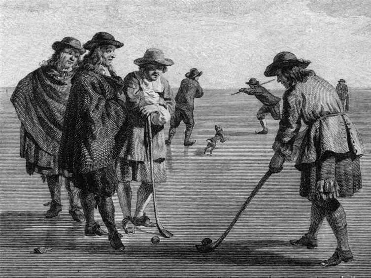 Jacques Aliamet, A Scotsman playing a game of colf on the ice near the city of Haarlem. 1668