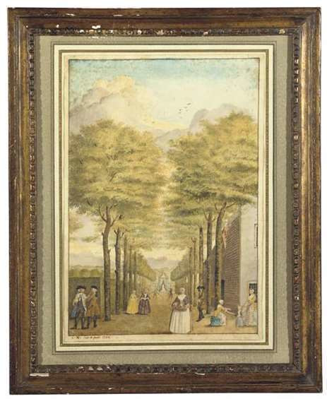 Anoniem, Elegant people strolling on a path, smoking pipe, playing colf on a path, in a garden. 1768