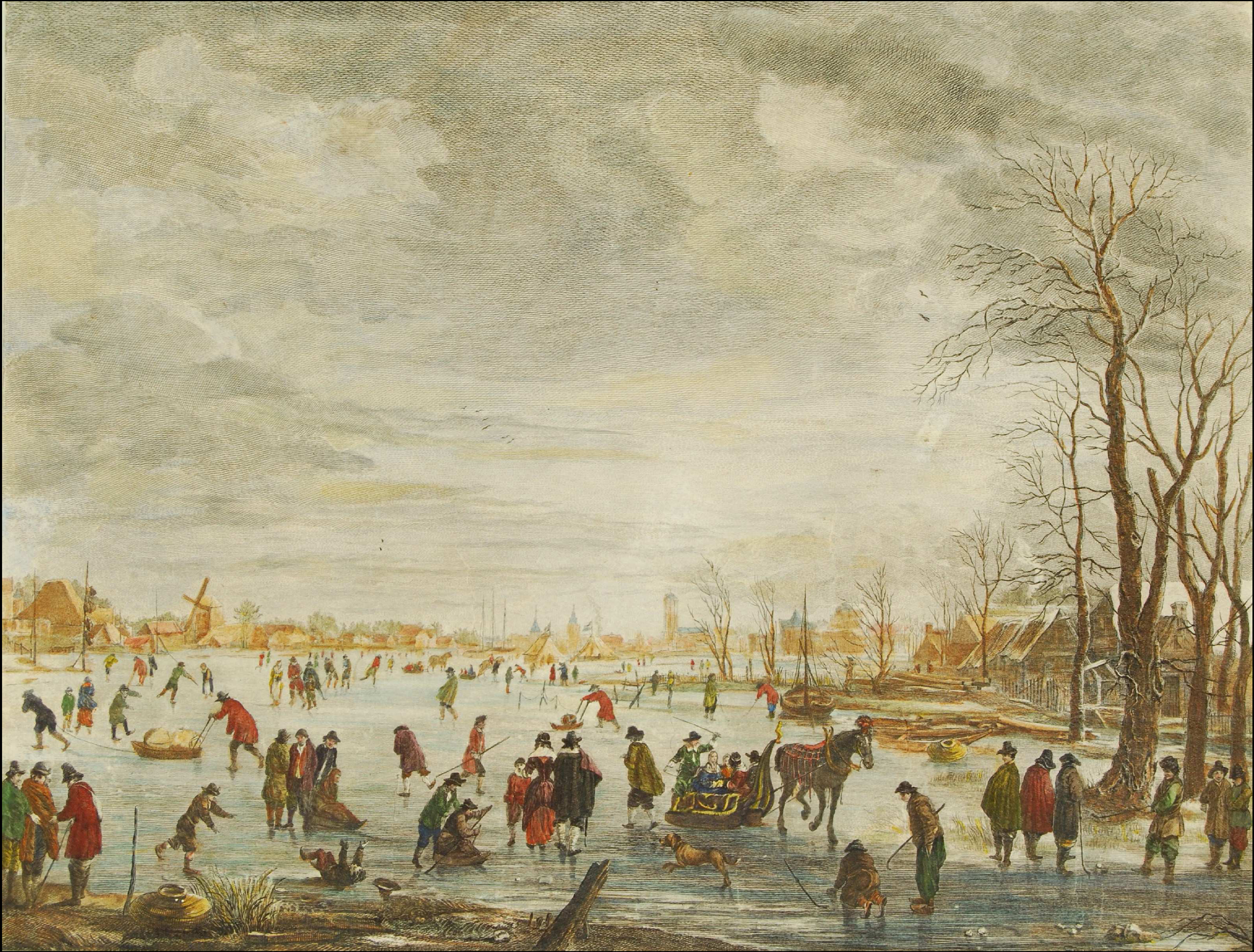 Jacques-Philippe Le Bas, People playing ice colf or skating on a frozen canal. C. 1780