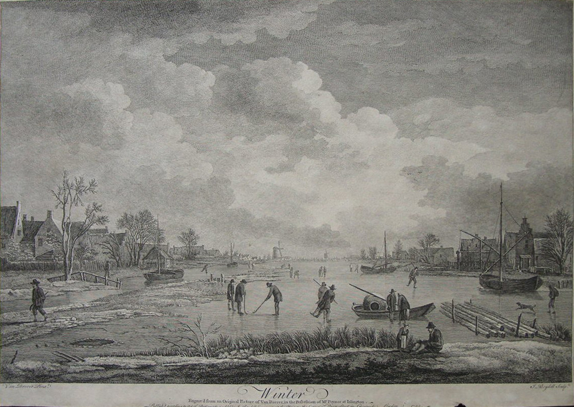 John Boydell, Winter landscape with people ice-skating and playing ice colf on a frozen river. 1753