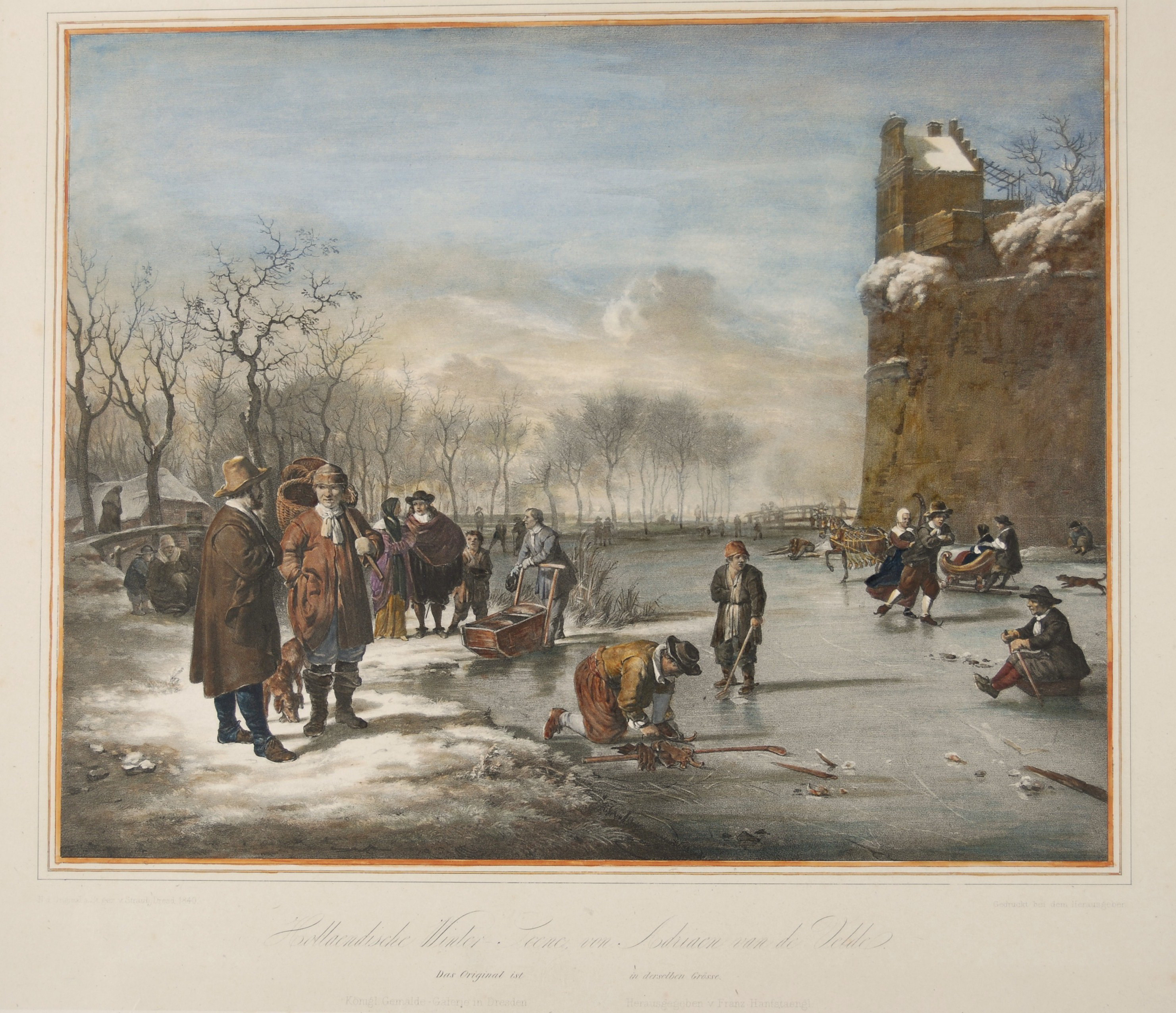 Franz Hanfstaengl, Winter scene with men sleighing and playing colf on a frozen canal. 1840