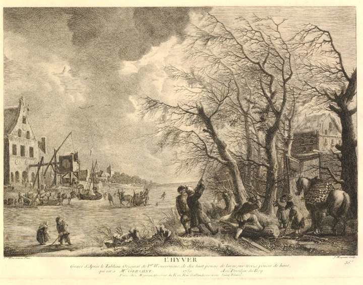 Jean Moyreau, Winter scene with people and children are skating and playing ice colf. 1739