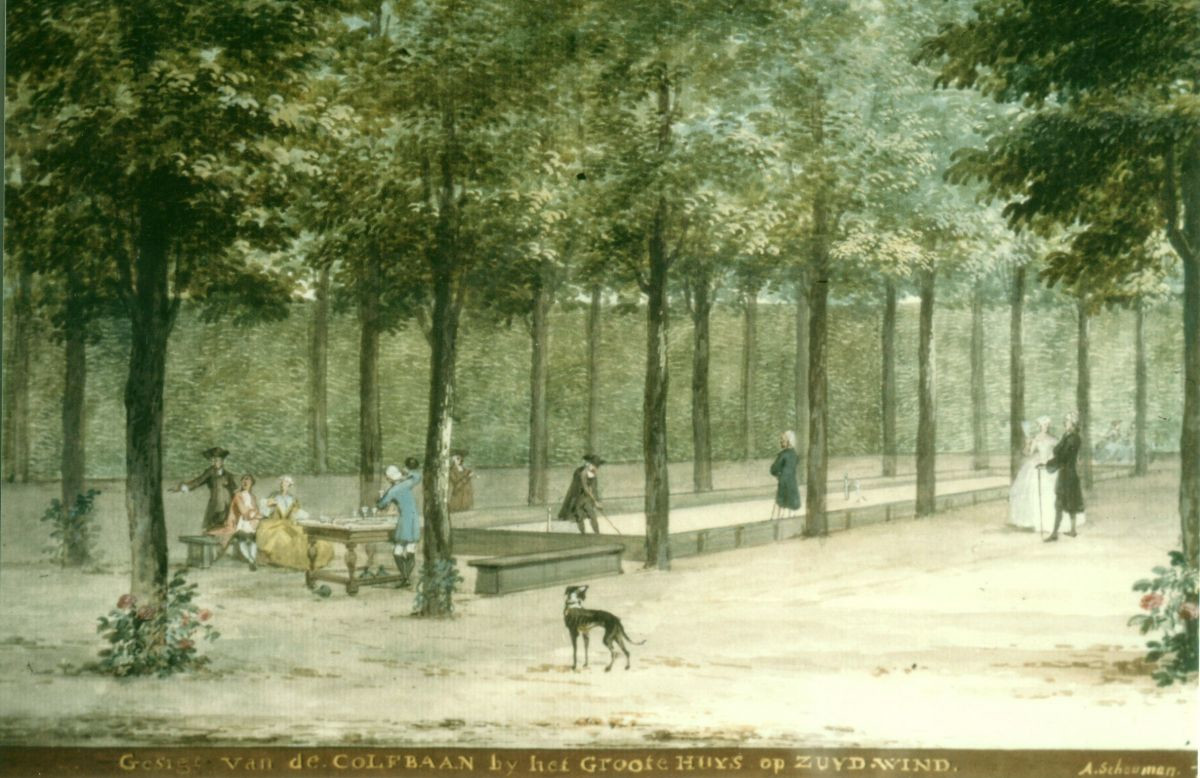 Aert Schouman, Gezigt van de Colfbaan by het Groote Huys op Zuydwind. 1749