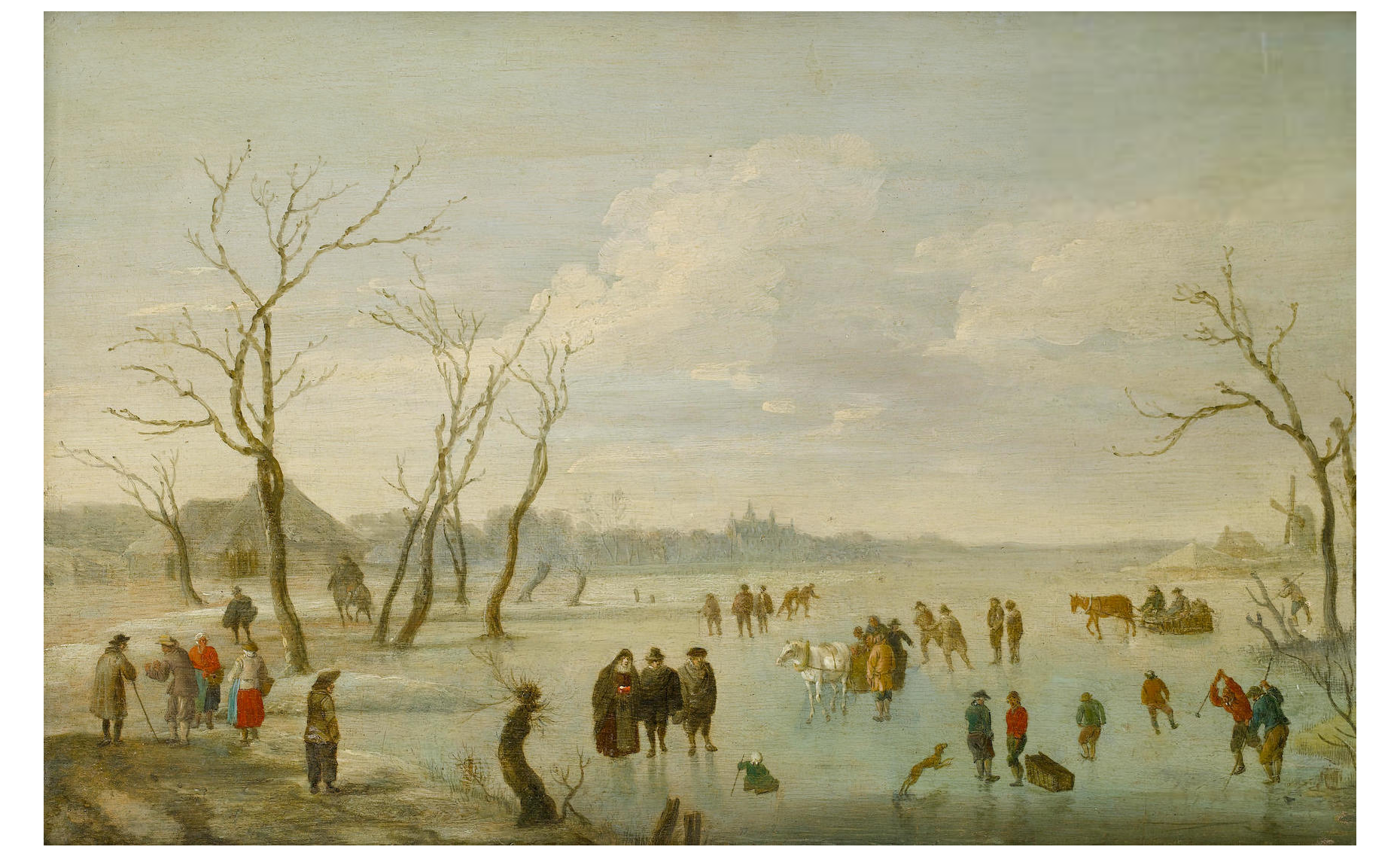 Anoniem, Figures skating and playing colf on a frozen pond