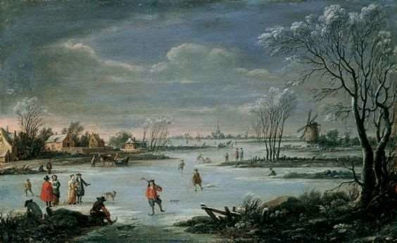 Robert Griffier, Winterlandschap met bevroren rivier met schaatsers en colfspelers
