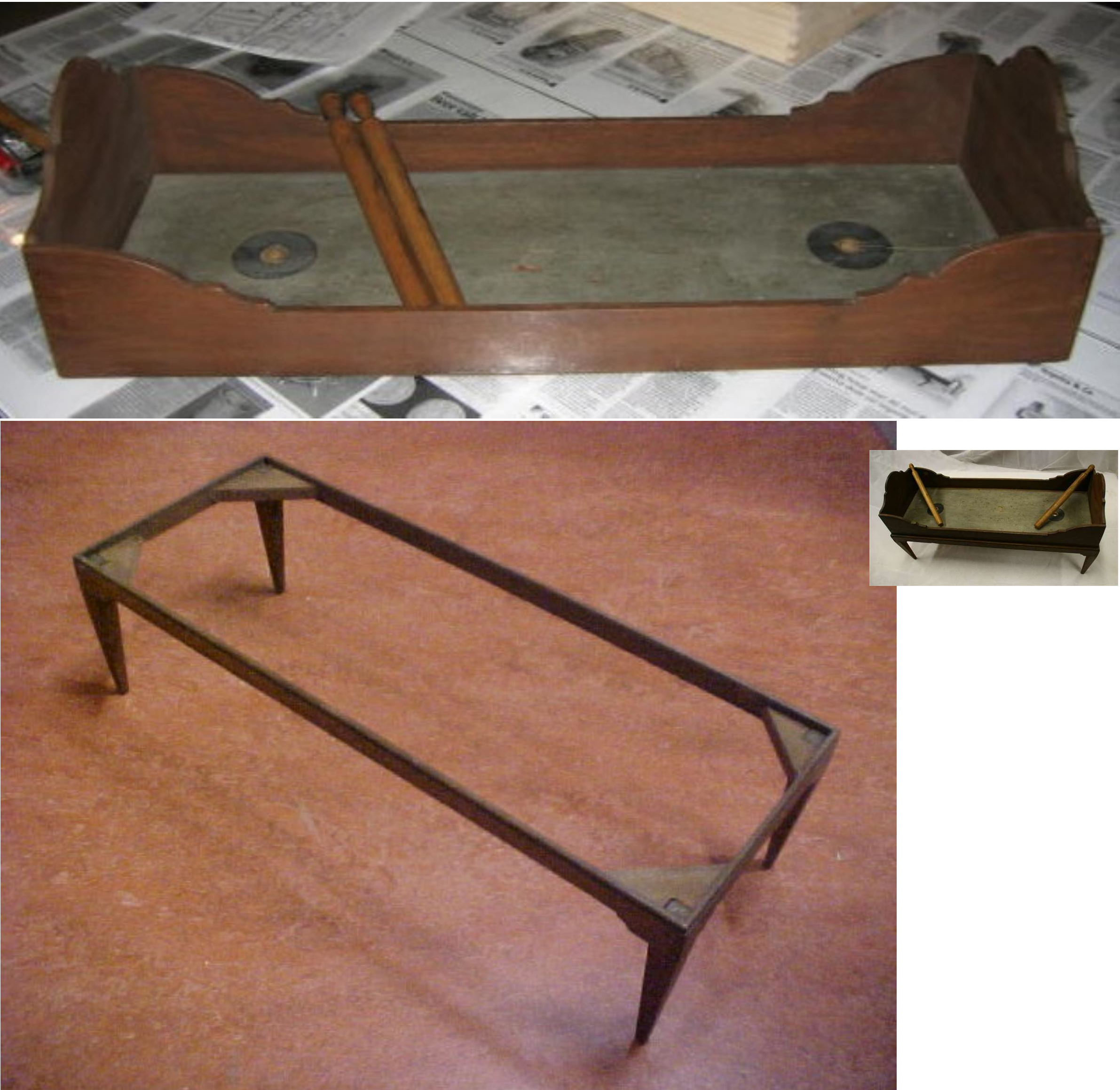 Houten model van een kolfbaan met onderstel (speelgoed kolfbaan?)