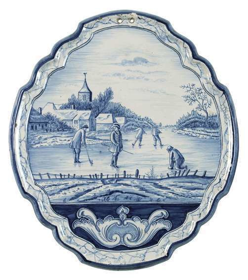 Plaat met winterlandschap met schaatsers en colvers. 1875-1885