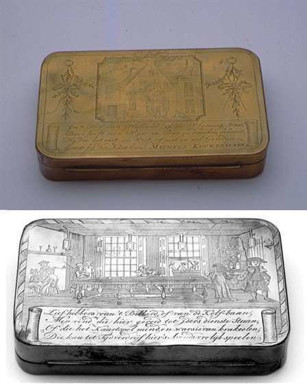 Tabaksdoos met herberg Mattheus Koewenhoven te Delft. Ca. 1795