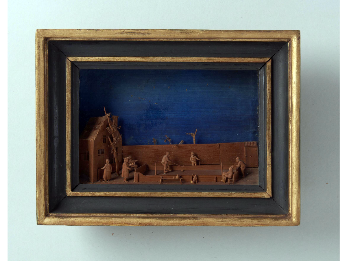 Bavelaar met een open kolfbaan met zes mannen en een vrouw. Na 1795 - voor 1830