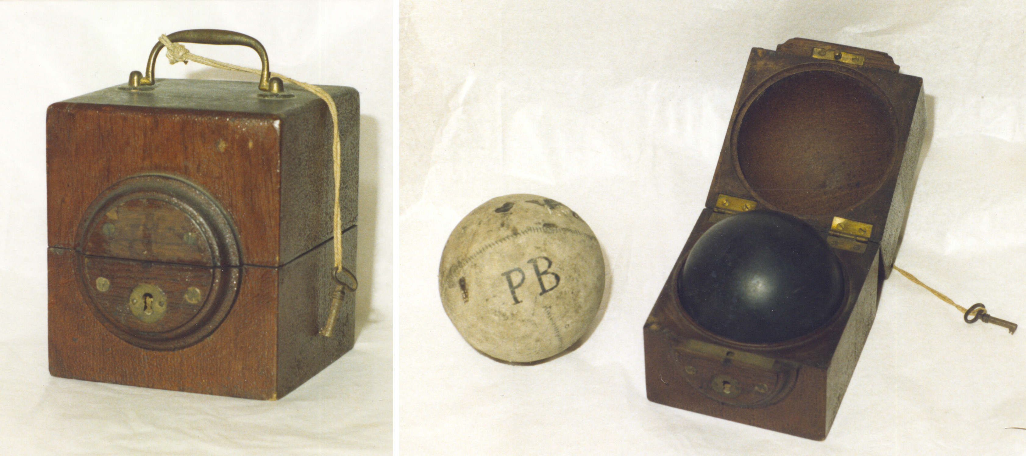 Mahoniehouten kolfkistje met slot en losse bal. 19e-eeuw