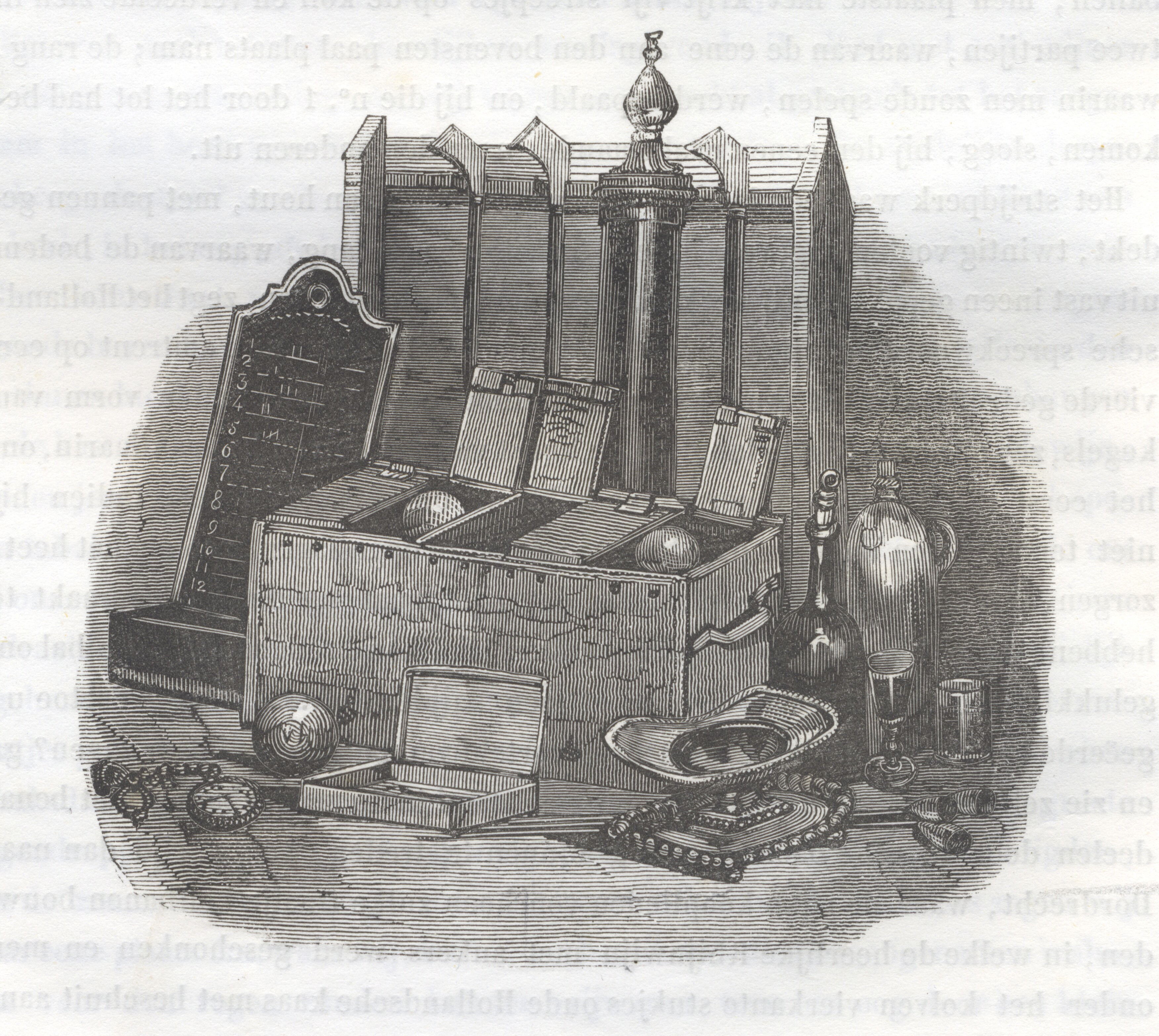 Bij de kolfpaal: een kist met ballen, drie klieken in een kliekenrek, een 'scorebord', een horloge, drie stenen pijpen en twee flessen drank met glazen