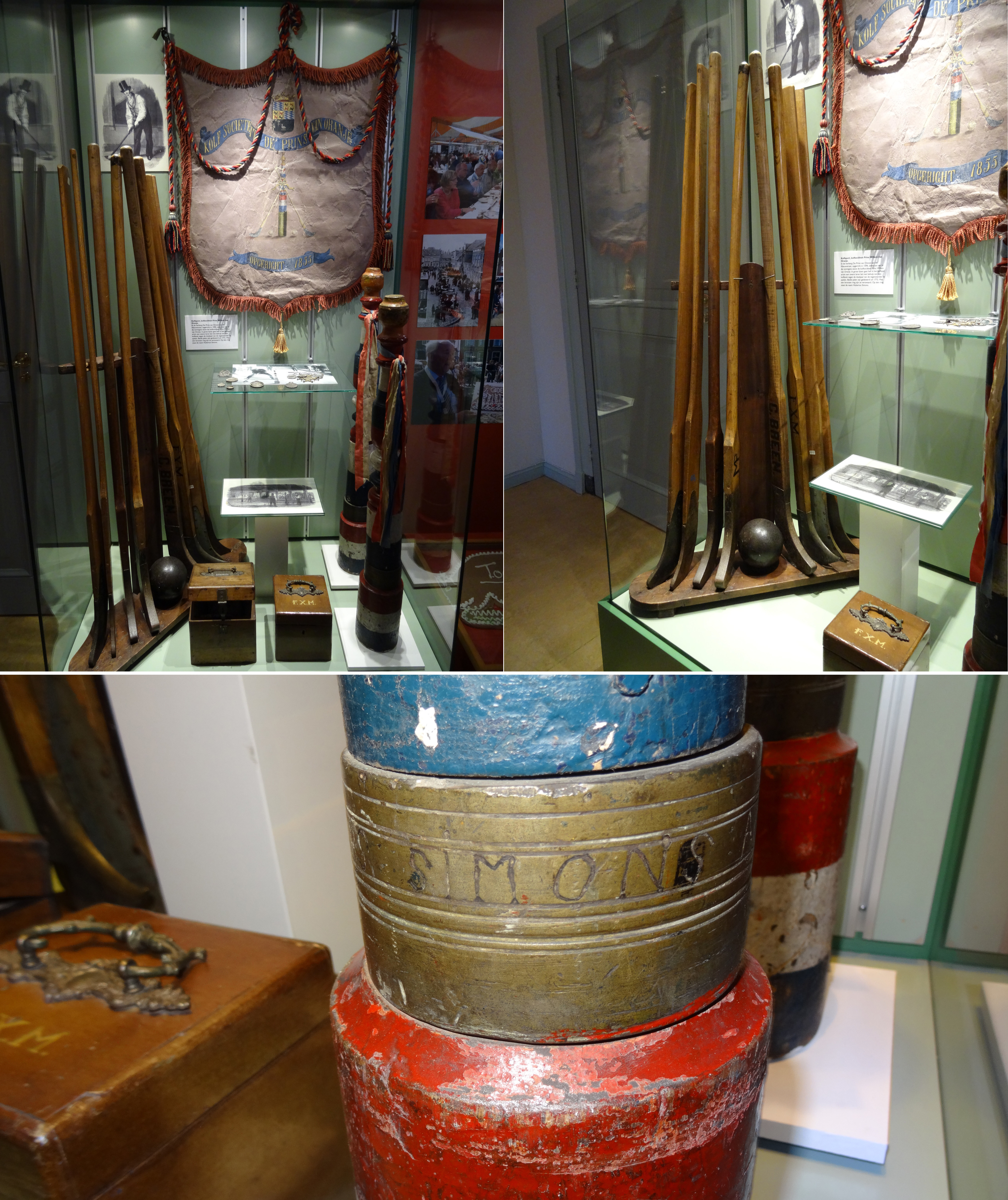 Vitrinekast met kolfpalen, klieken, ballenkistjes en vaandel van kolfclub 'De Prins van Oranje' te Goes