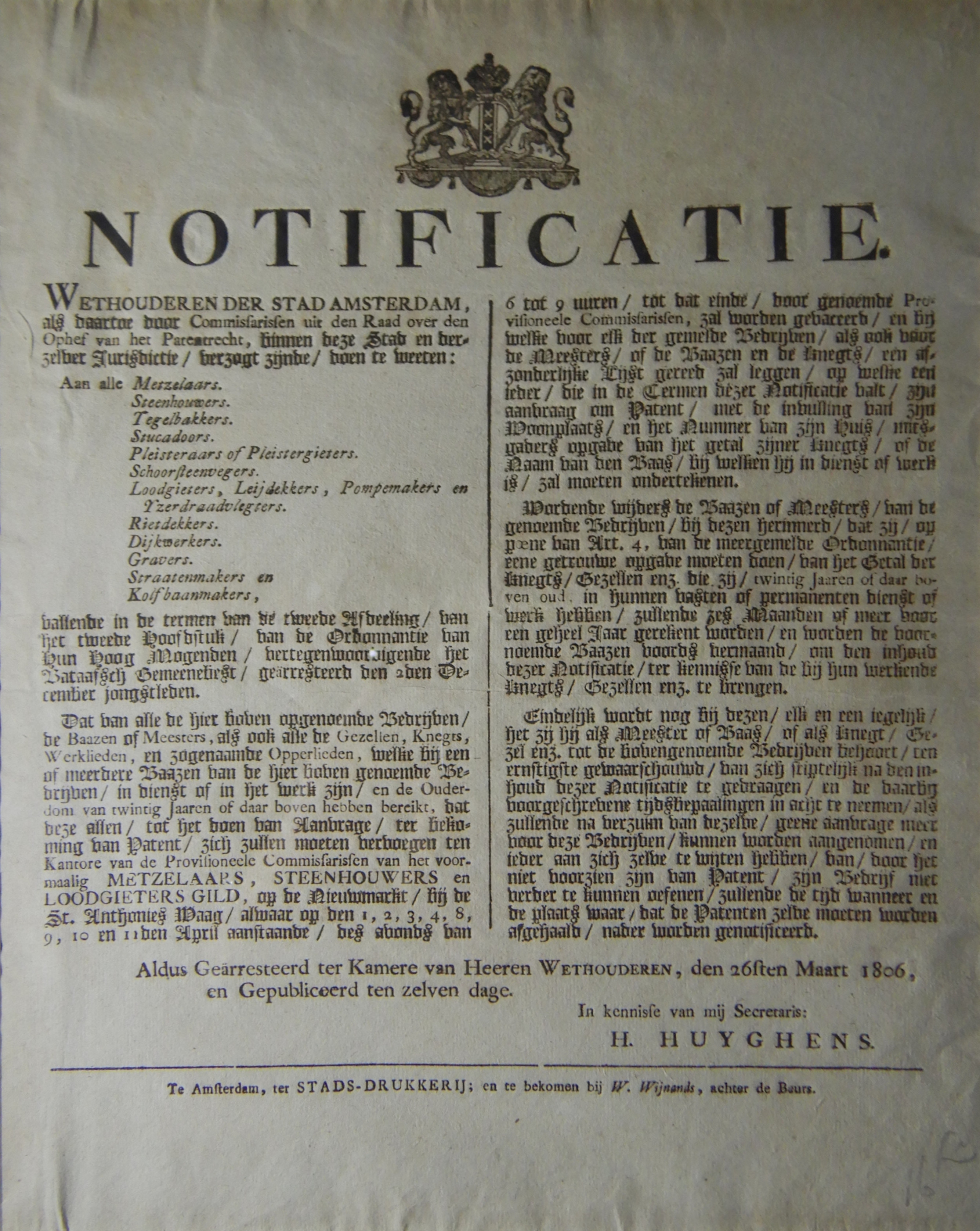 Notificatie Amsterdam. 26 maart 1806