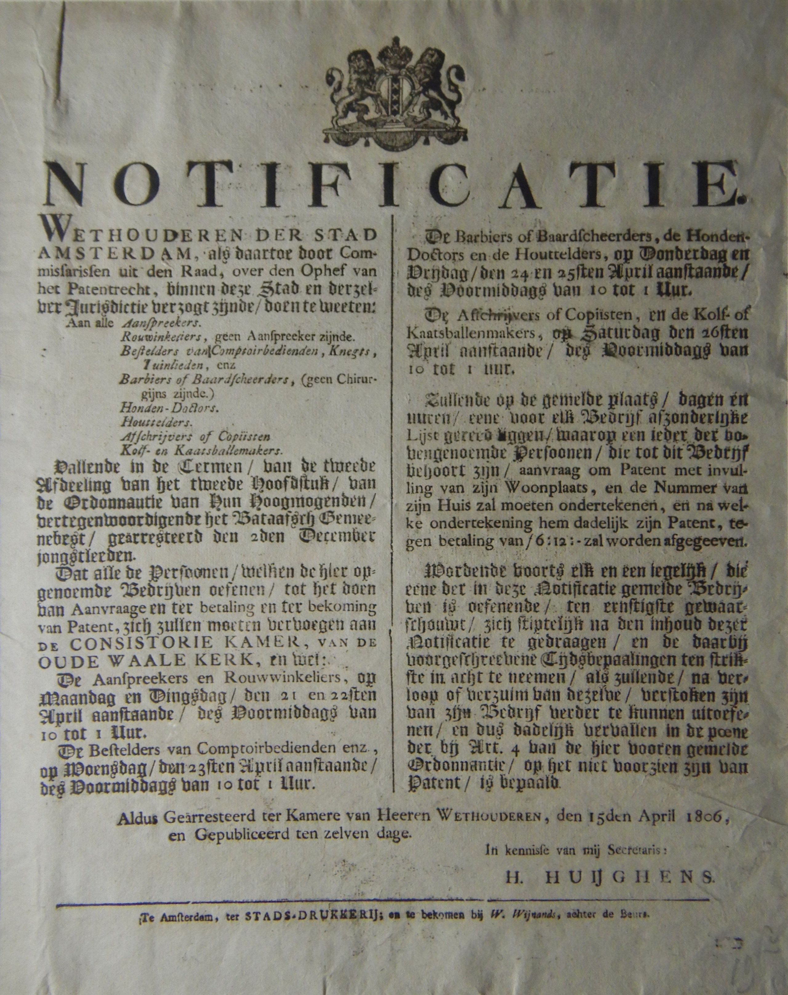 Notificatie Amsterdam. 15 april 1806