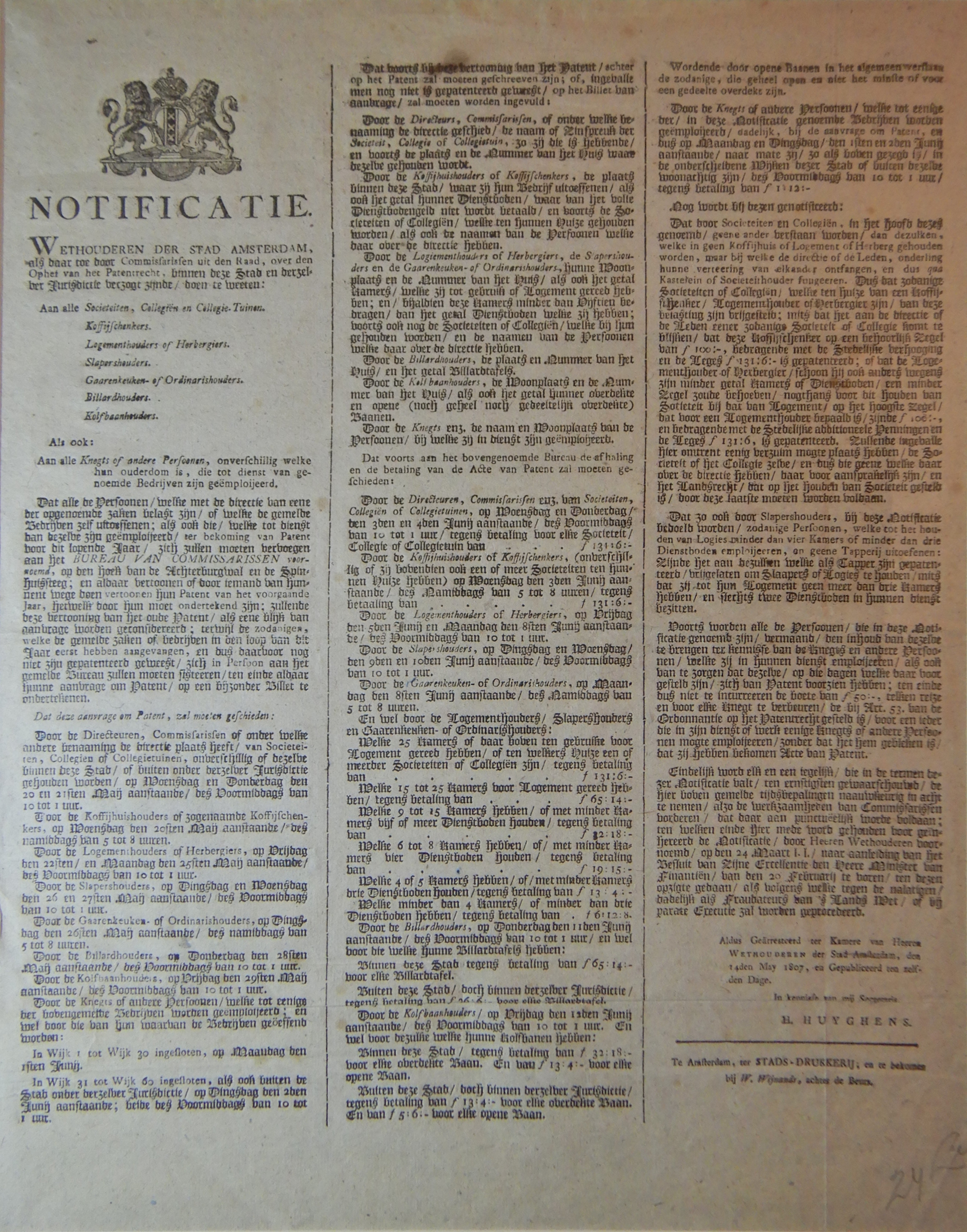 Notificatie Amsterdam. 14 mei 1807