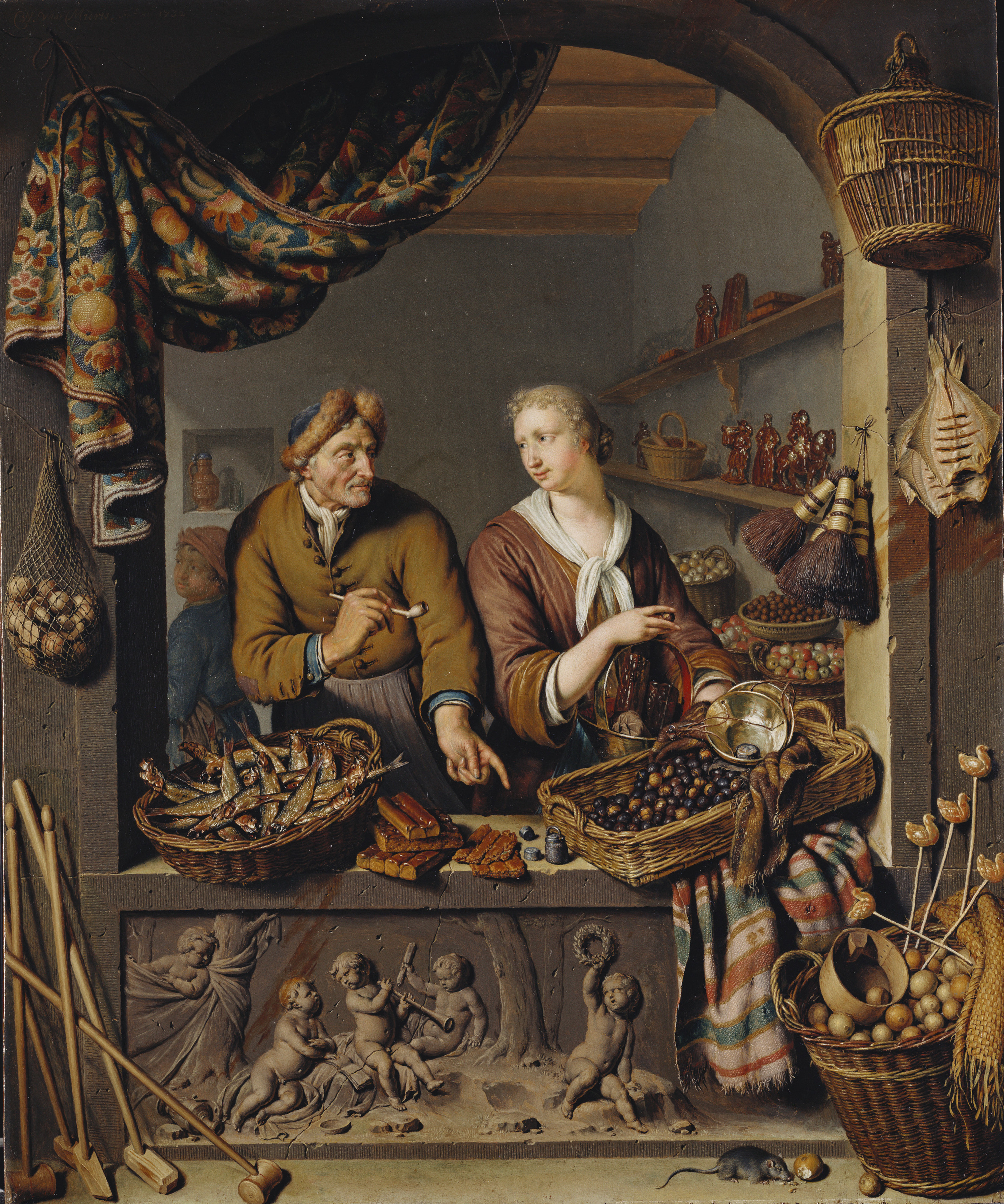 Mail, Willem van Mieris, An Old Man and a Girl at a Vegetable and Fish Stall with Kolf and Mail Clubs in the lower left corner - 1732