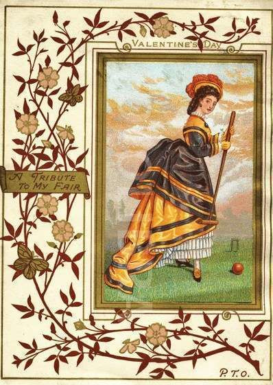 Croquet, Valentine showing a woman playing croquet. 1880