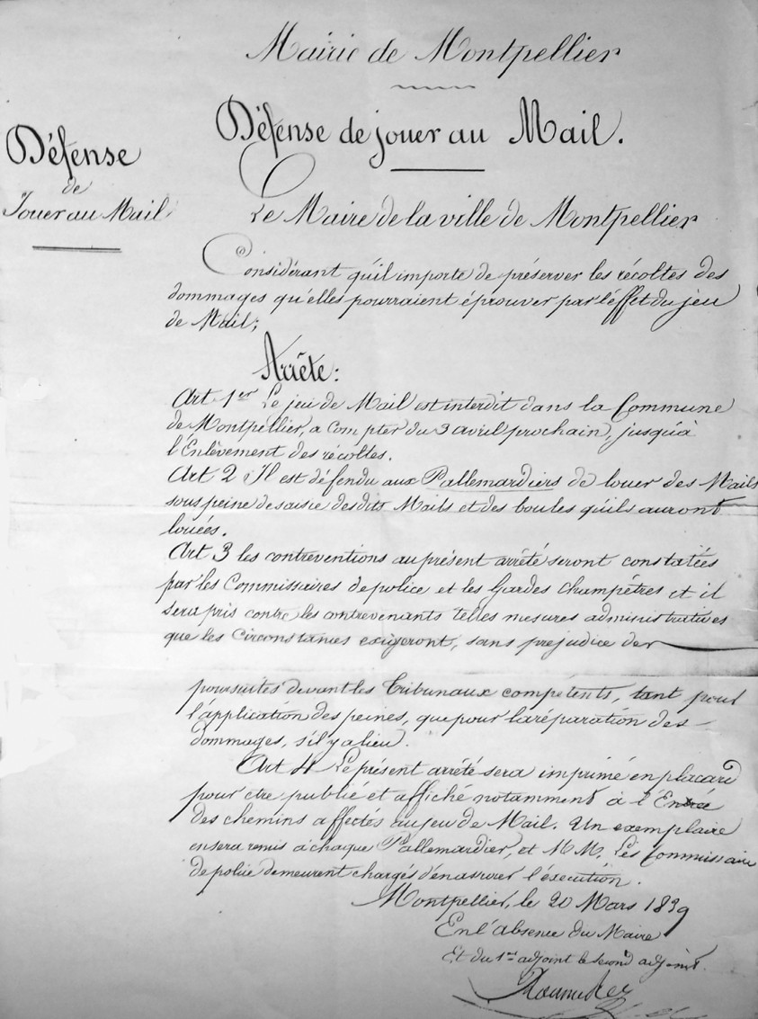 Défense de jouer au Mail, France. 1839