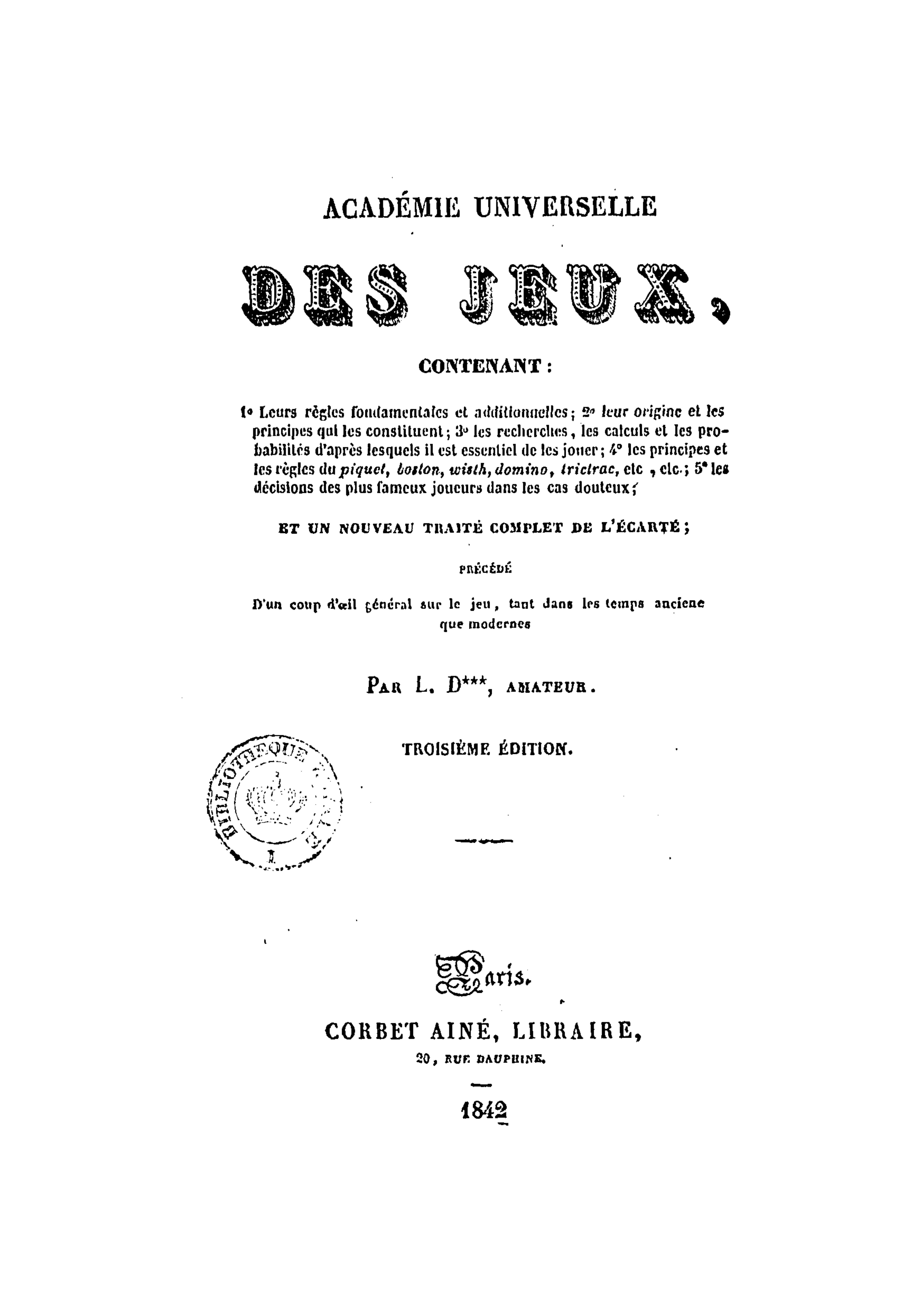 Académie Universelle des jeux, France. 1842