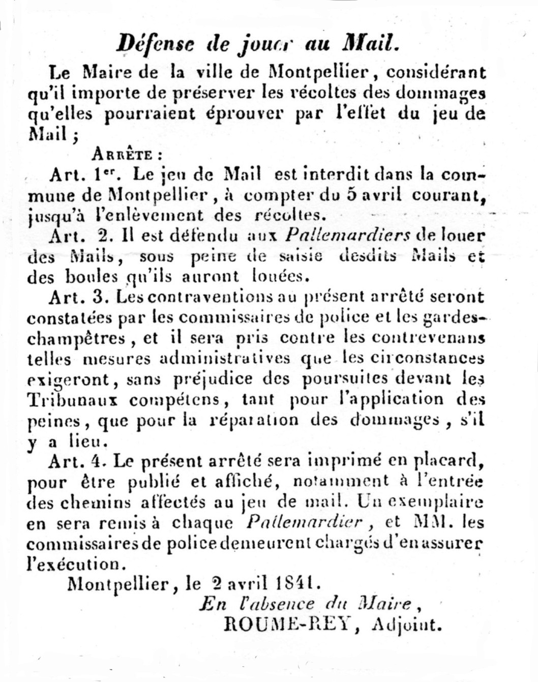 Défense de jouer au Mail, France. 1841