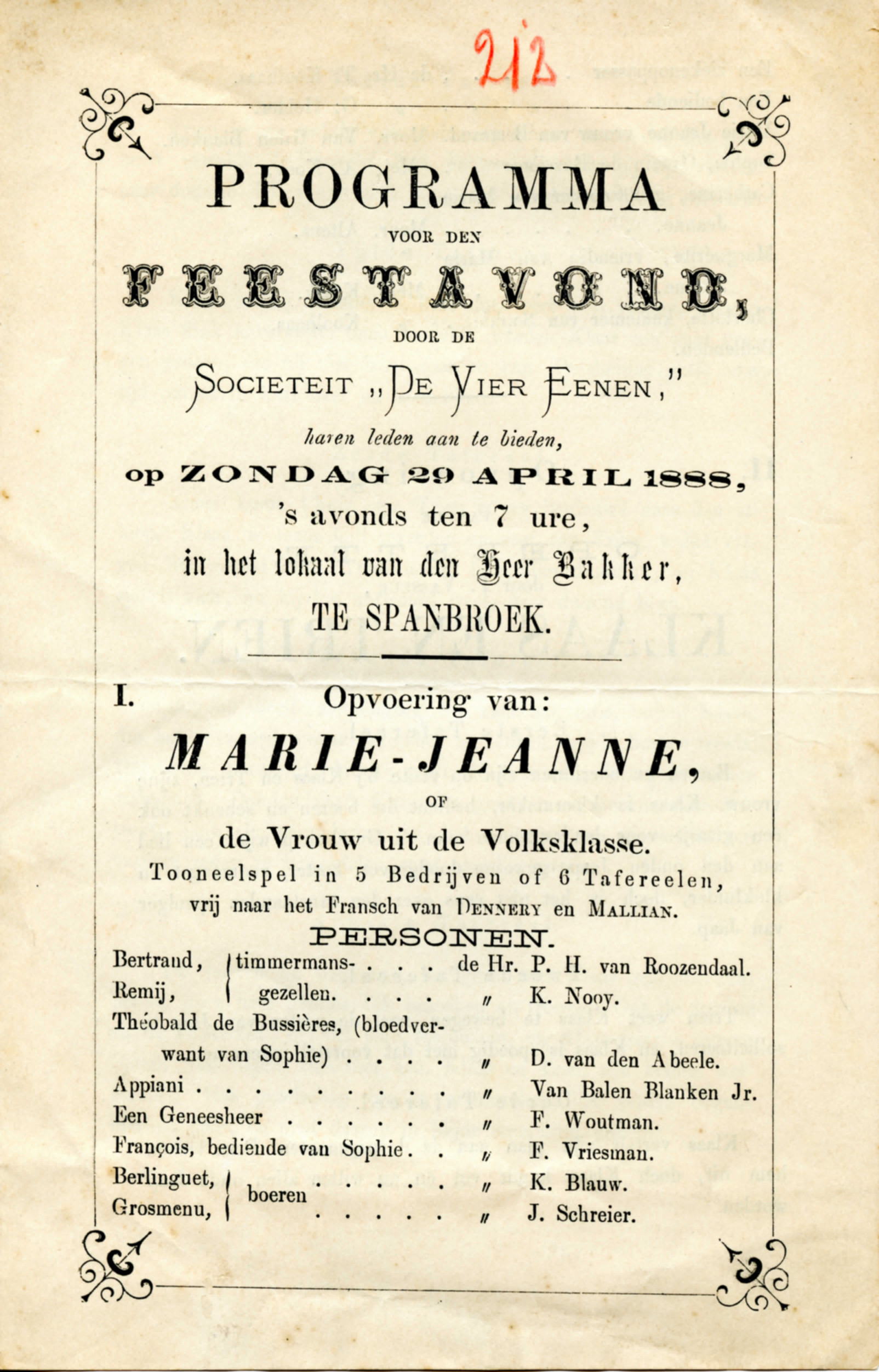 Programma 'De Vier Eenen'. 1888