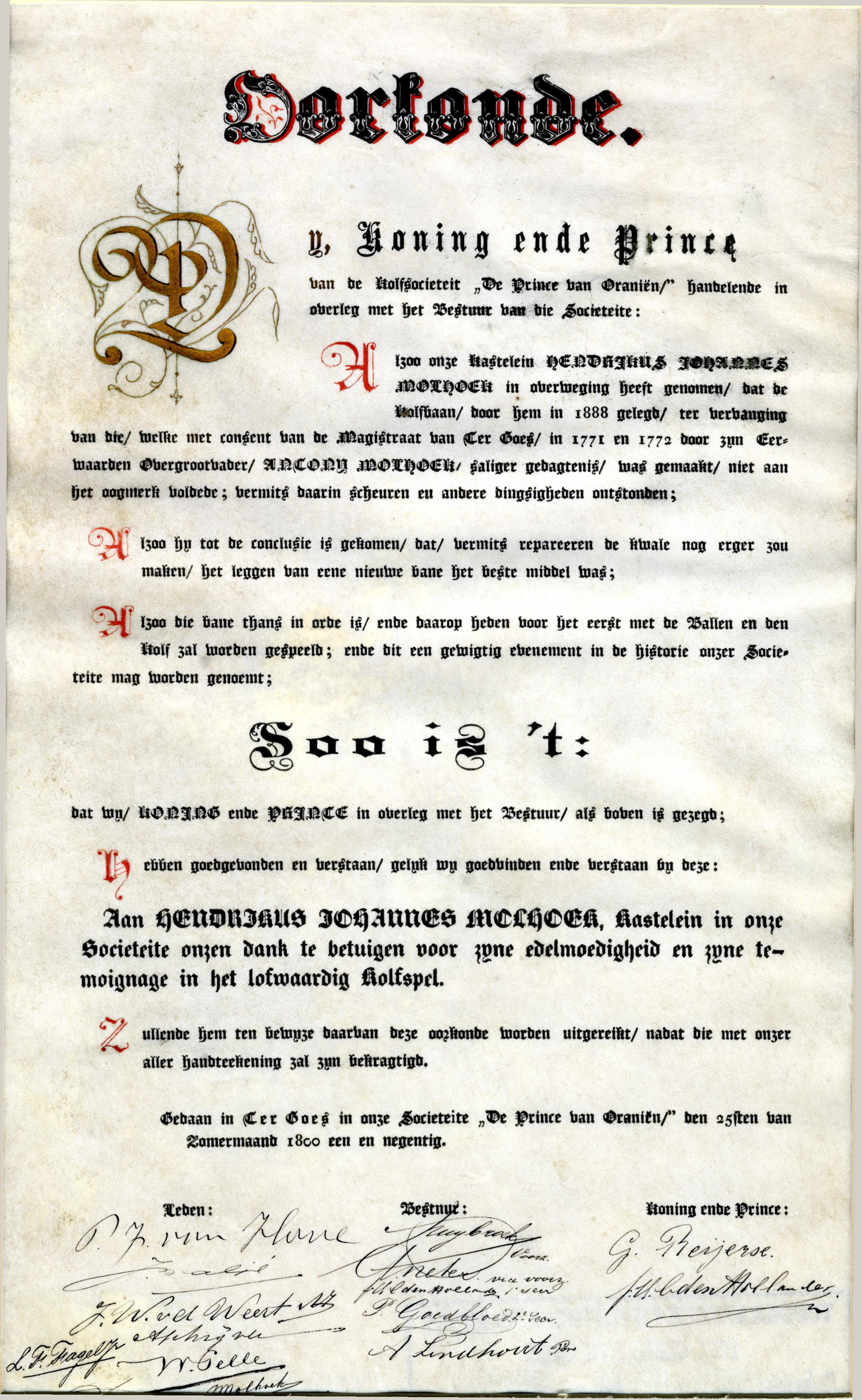 Oorkonde 'De Prince van Oraniën'. 1891