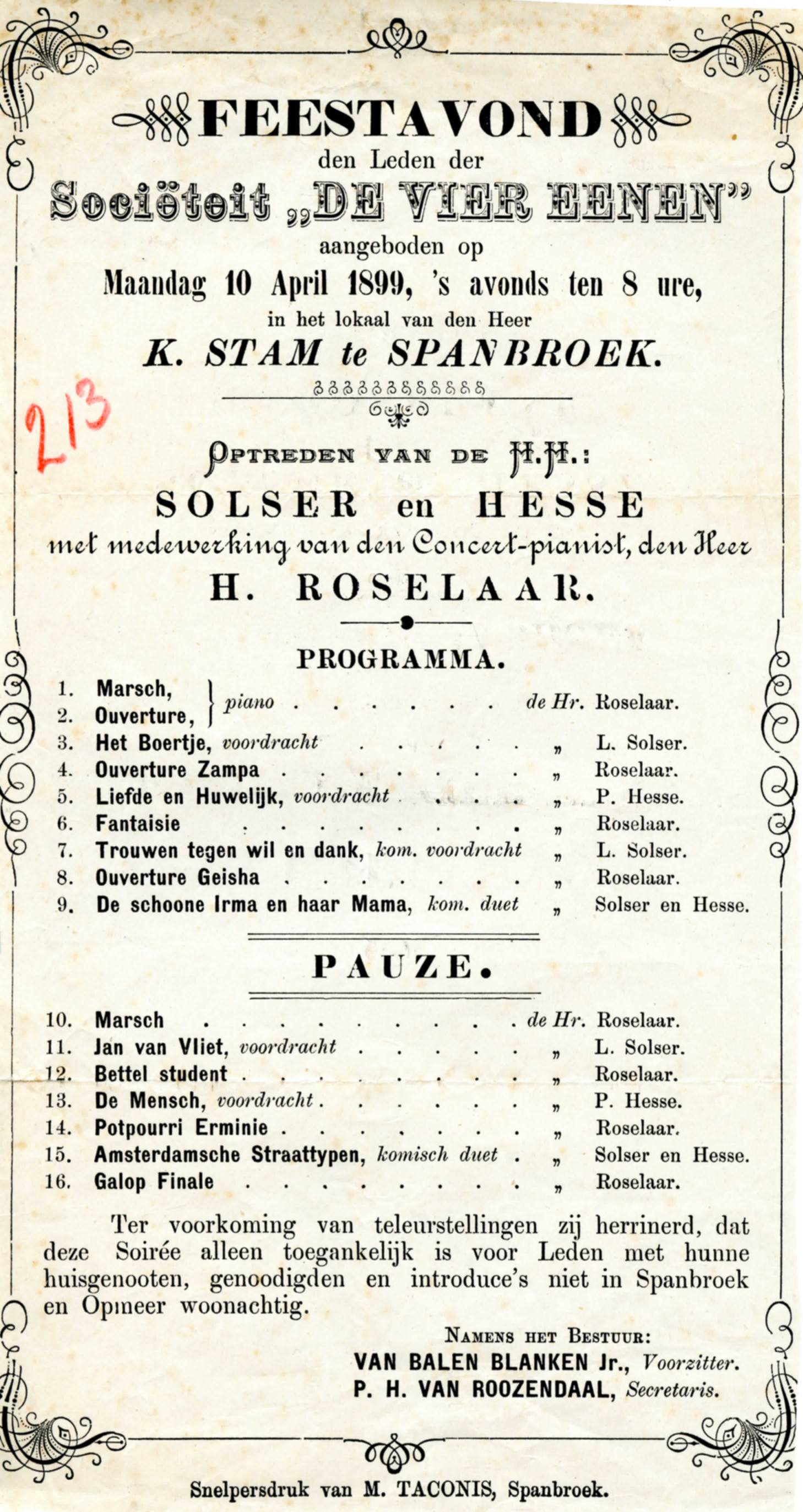 Feestavond 'De Vier Eenen'. 1899