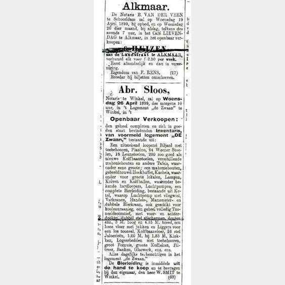 Advertentie kolfbaanverkoop. 1899