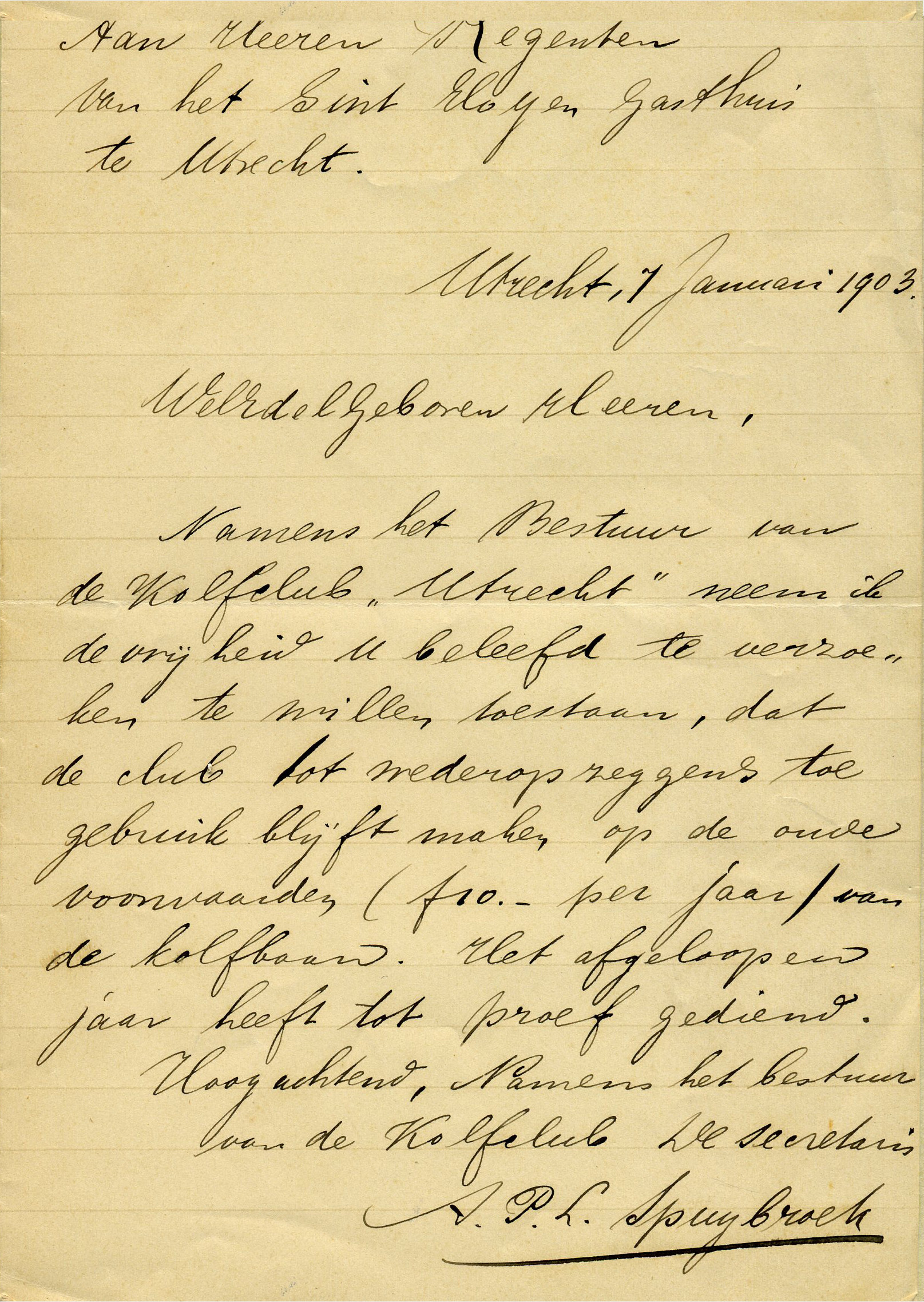 Verzoek om baanhuur. 1903