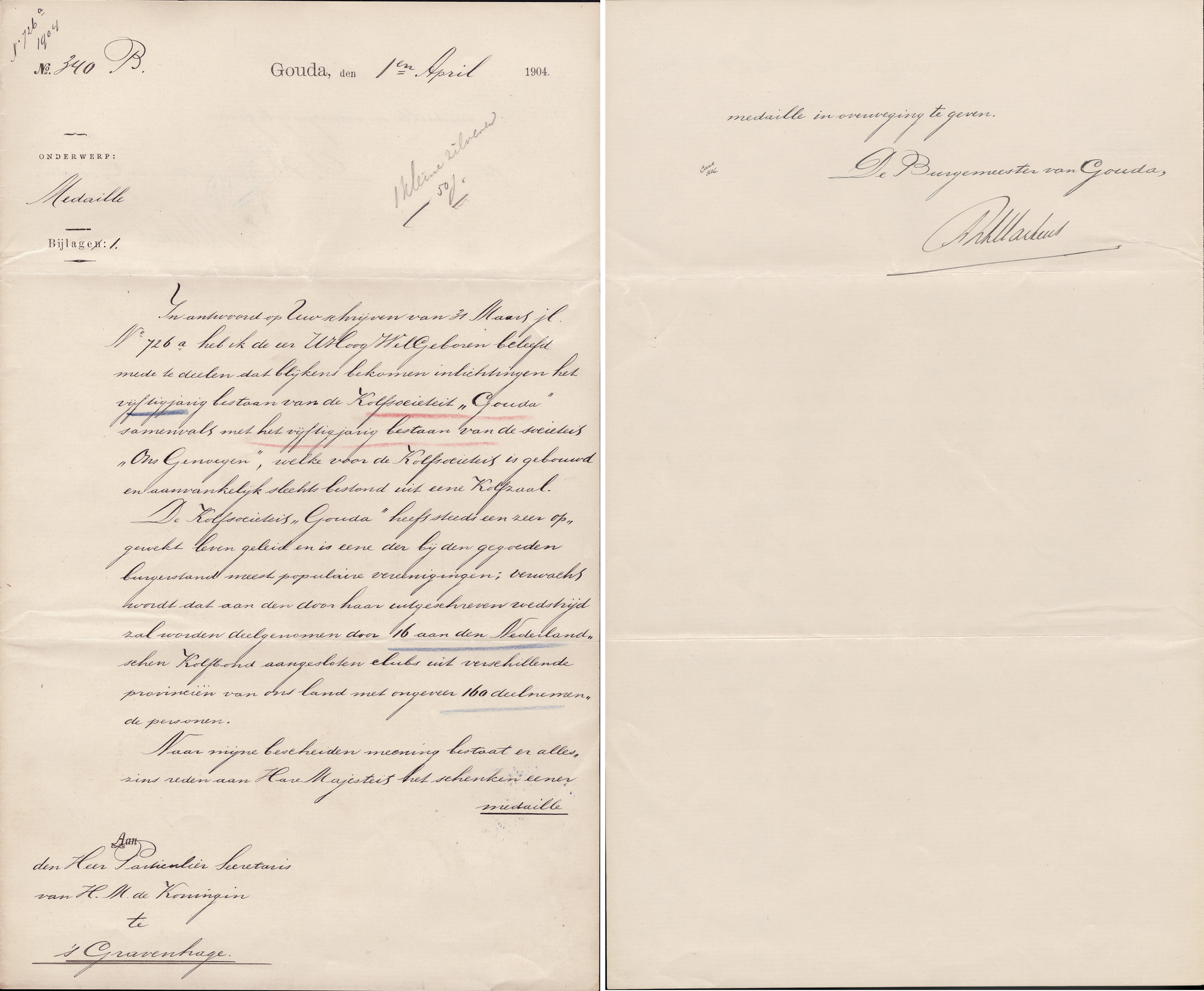 Burgemeester Gouda over kolfsociëteit Gouda - 1904