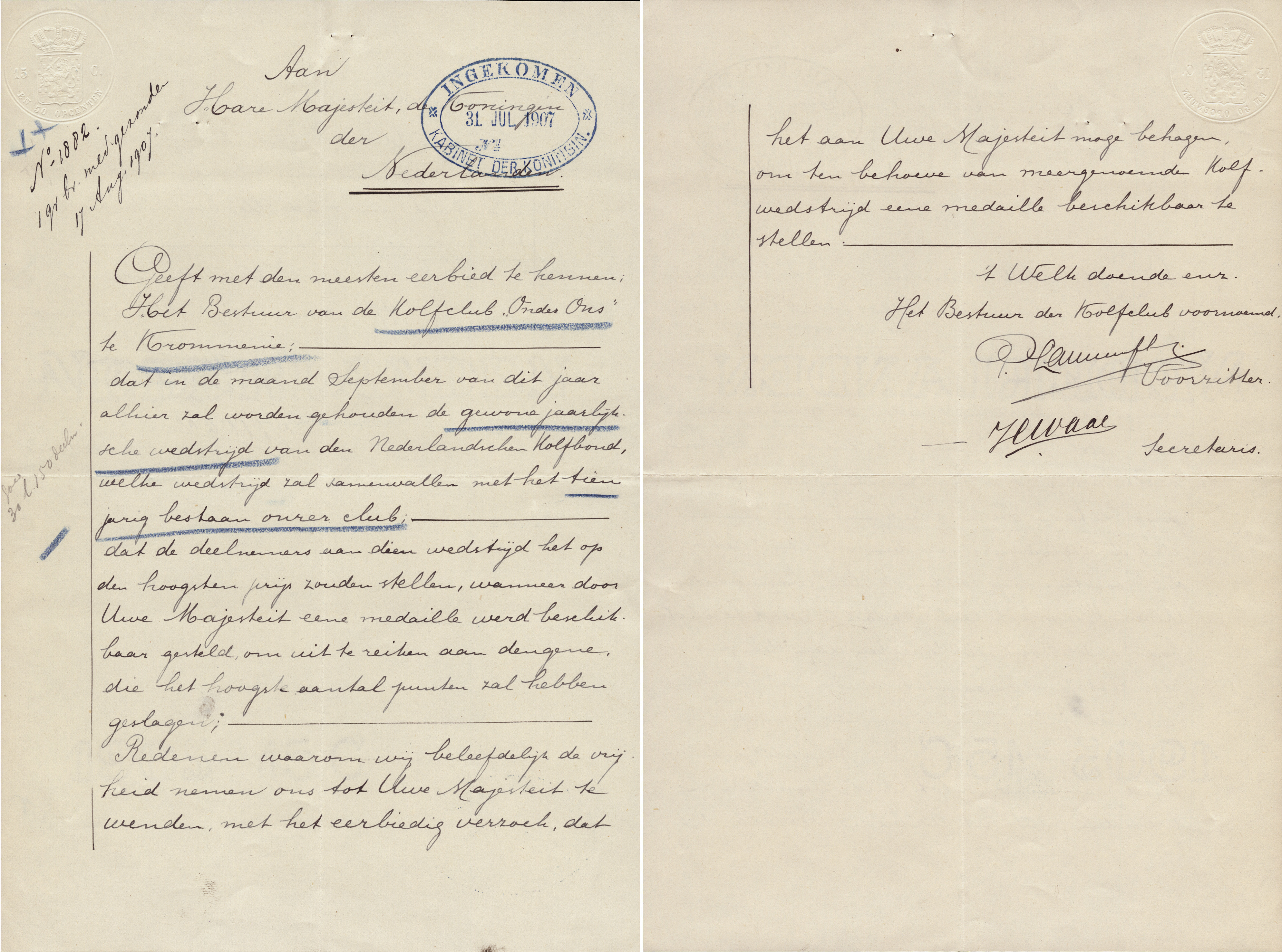 Kolfclub 'Onder Ons' te Krommenie aan koningin Wilhelmina. 1907