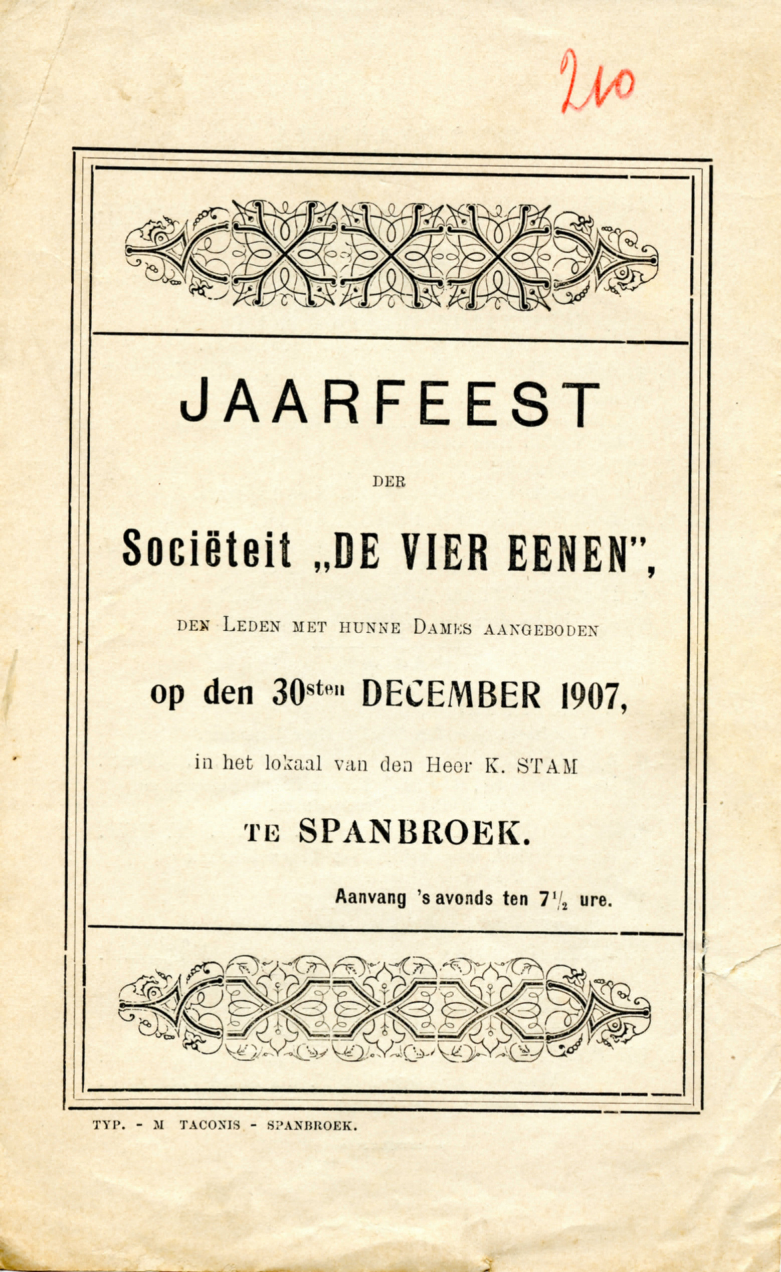Programma Jaarfeest 'De Vier Eenen'. 1907
