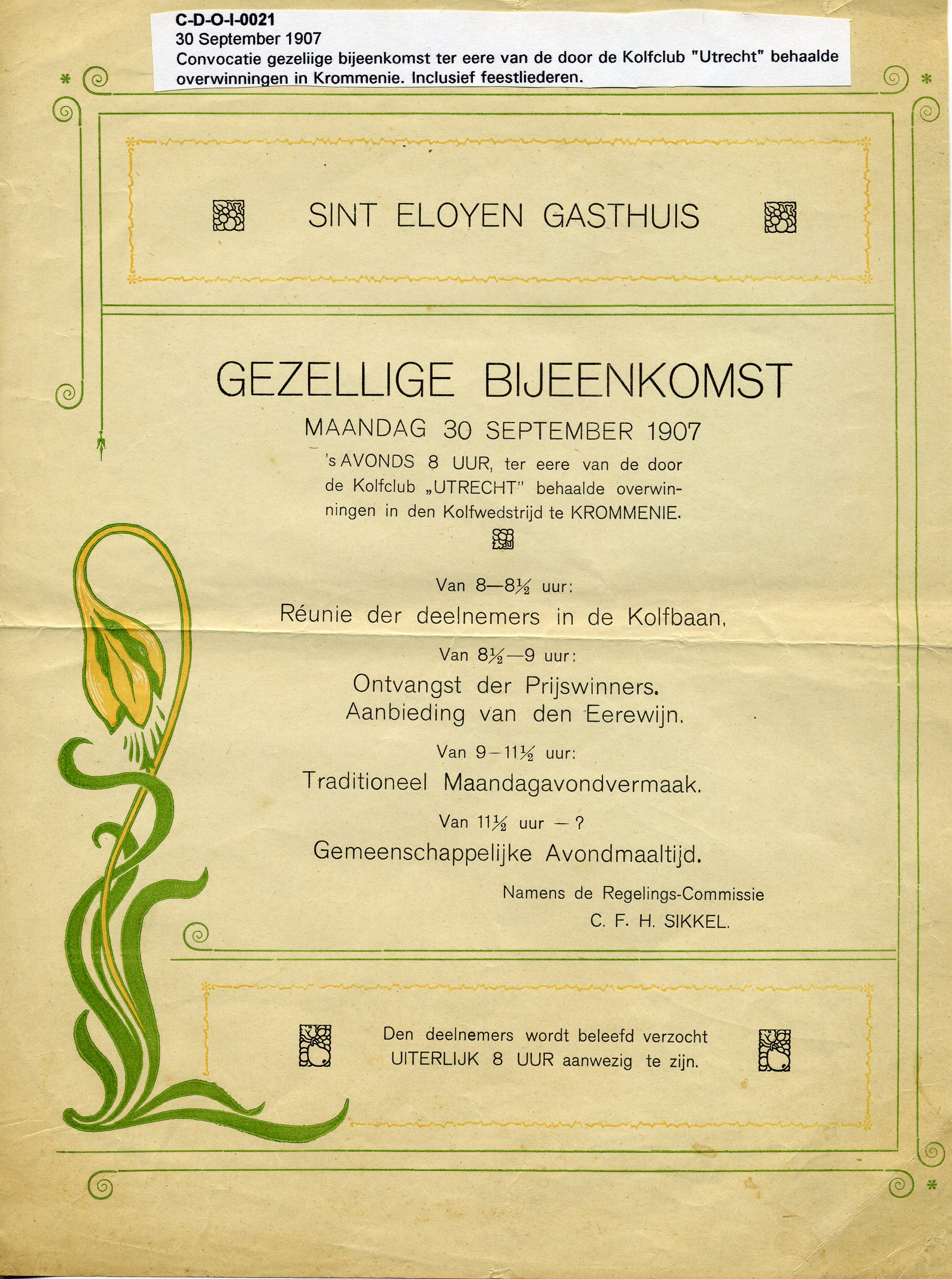 Uitnodiging 'Gezellige bijeenkomst' St. Eloyen Gasthuis. 1907