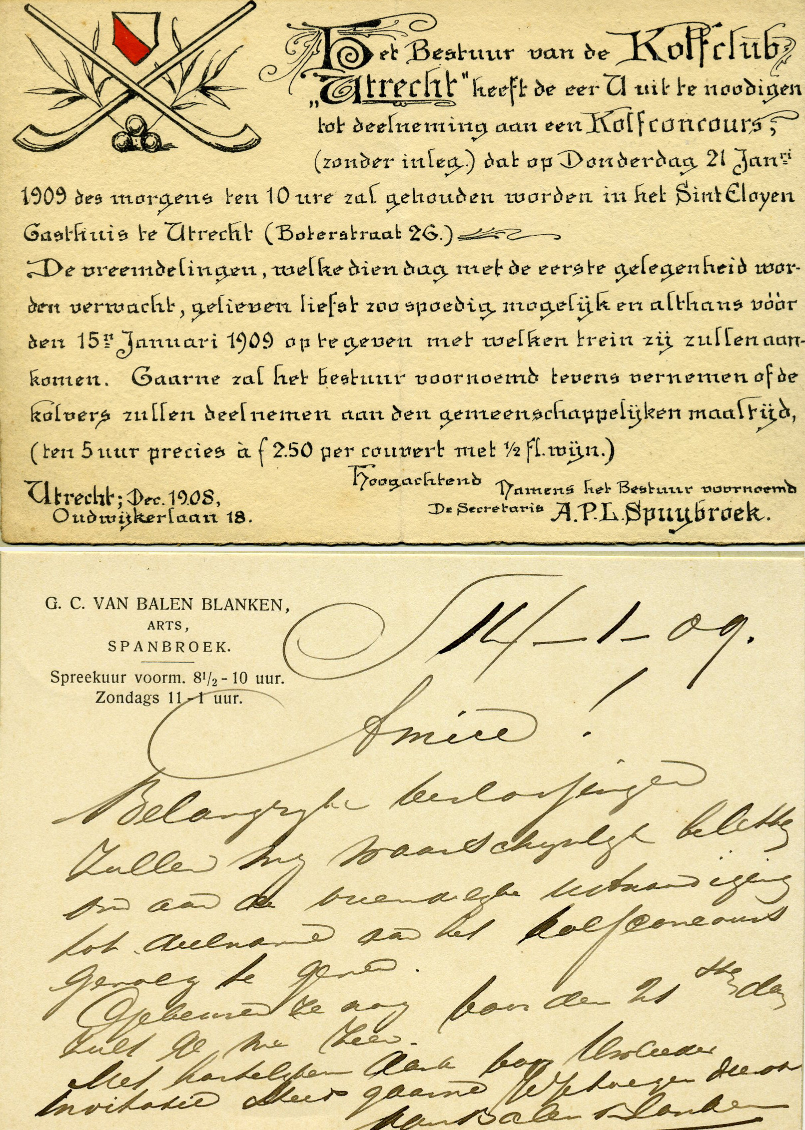 Invitatie kolfconcours St. Eloyen Gasthuis. 1909